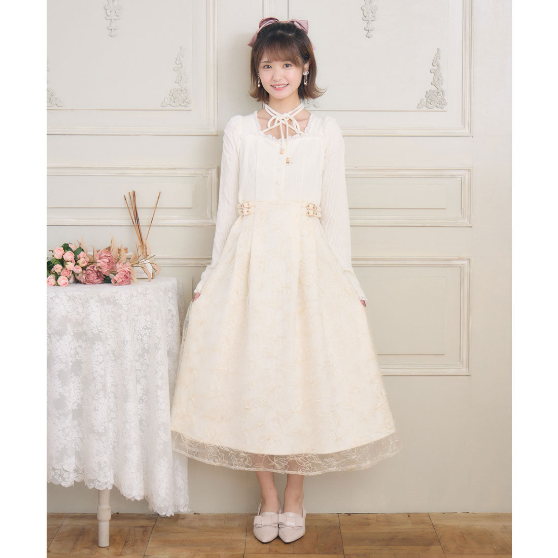 クチュールバイロジータ couture BY ROJITA フラワー刺繍ドッキングワンピース （アイボリー） アイボリー