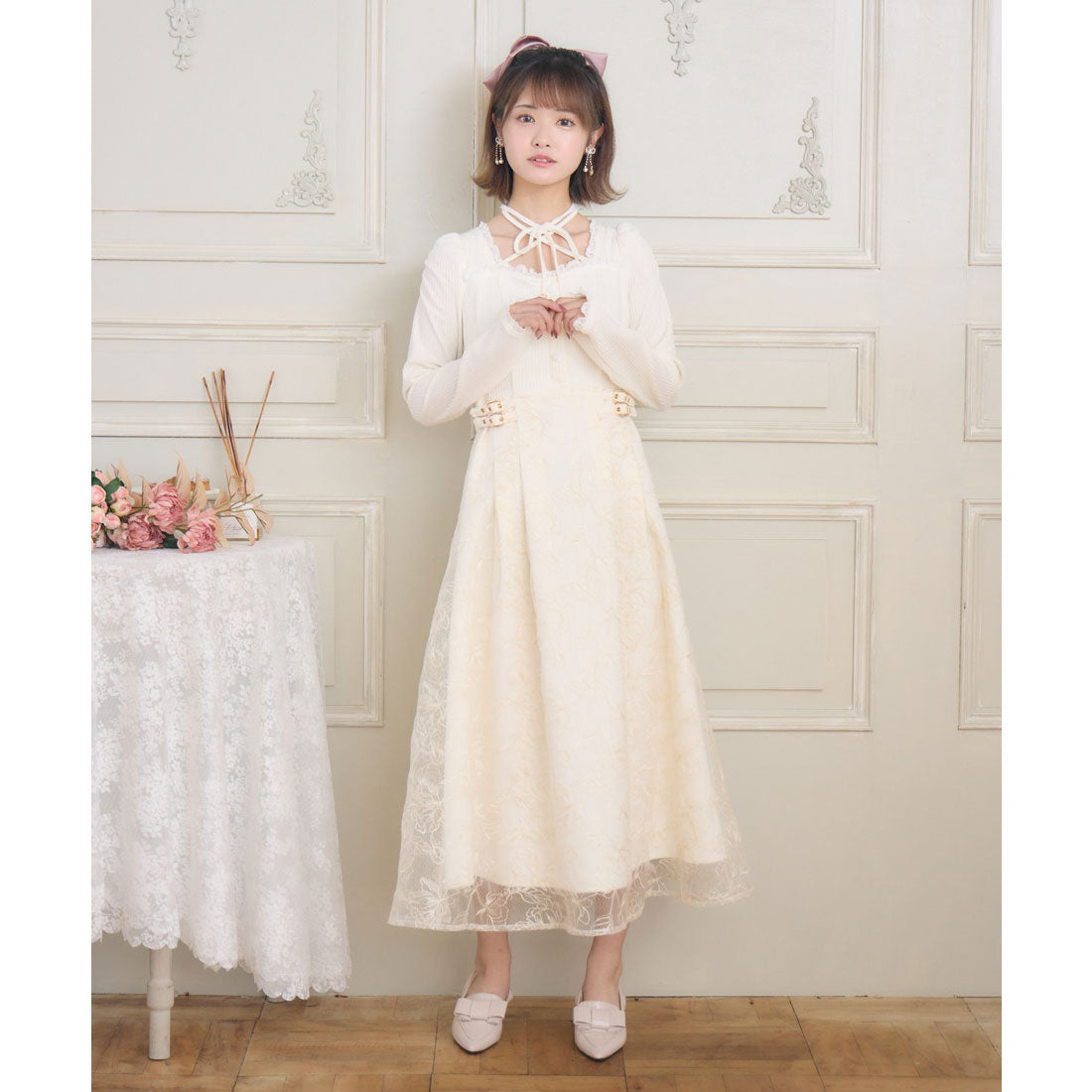 クチュールバイロジータ couture BY ROJITA フラワー刺繍ドッキングワンピース （アイボリー） アイボリー