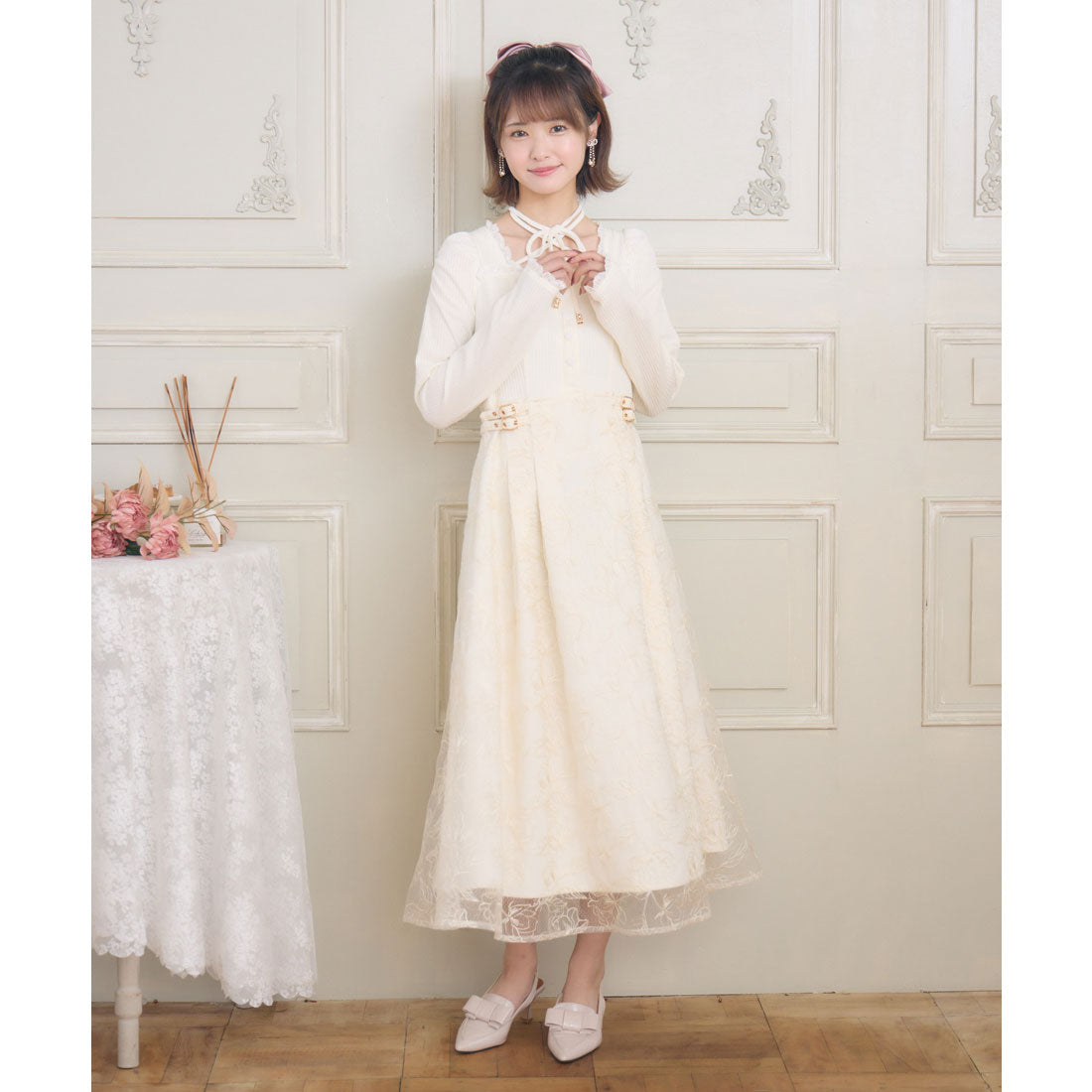 クチュールバイロジータ couture BY ROJITA フラワー刺繍ドッキングワンピース （アイボリー） アイボリー