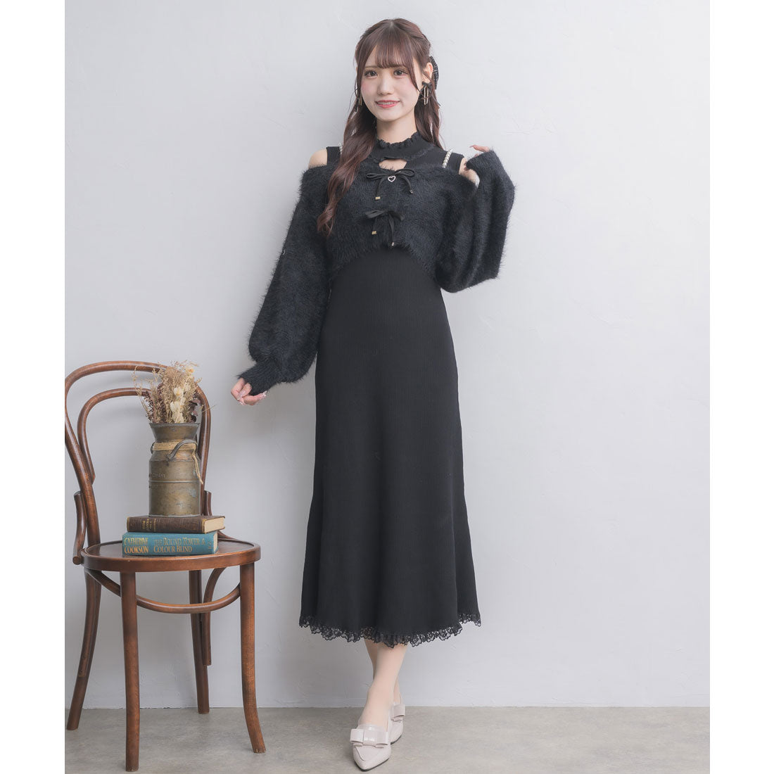 クチュールバイロジータ couture BY ROJITA ニットワンピース×オフショルカーデセット （ブラック） ブラック