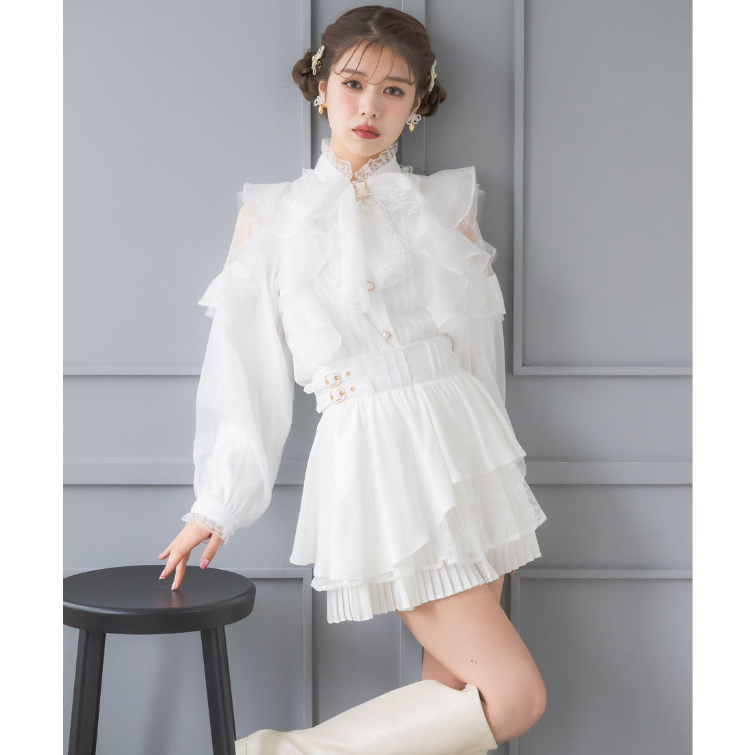 クチュールバイロジータ couture BY ROJITA ヘムプリーツティアードミニスカパン （ホワイト） ホワイト