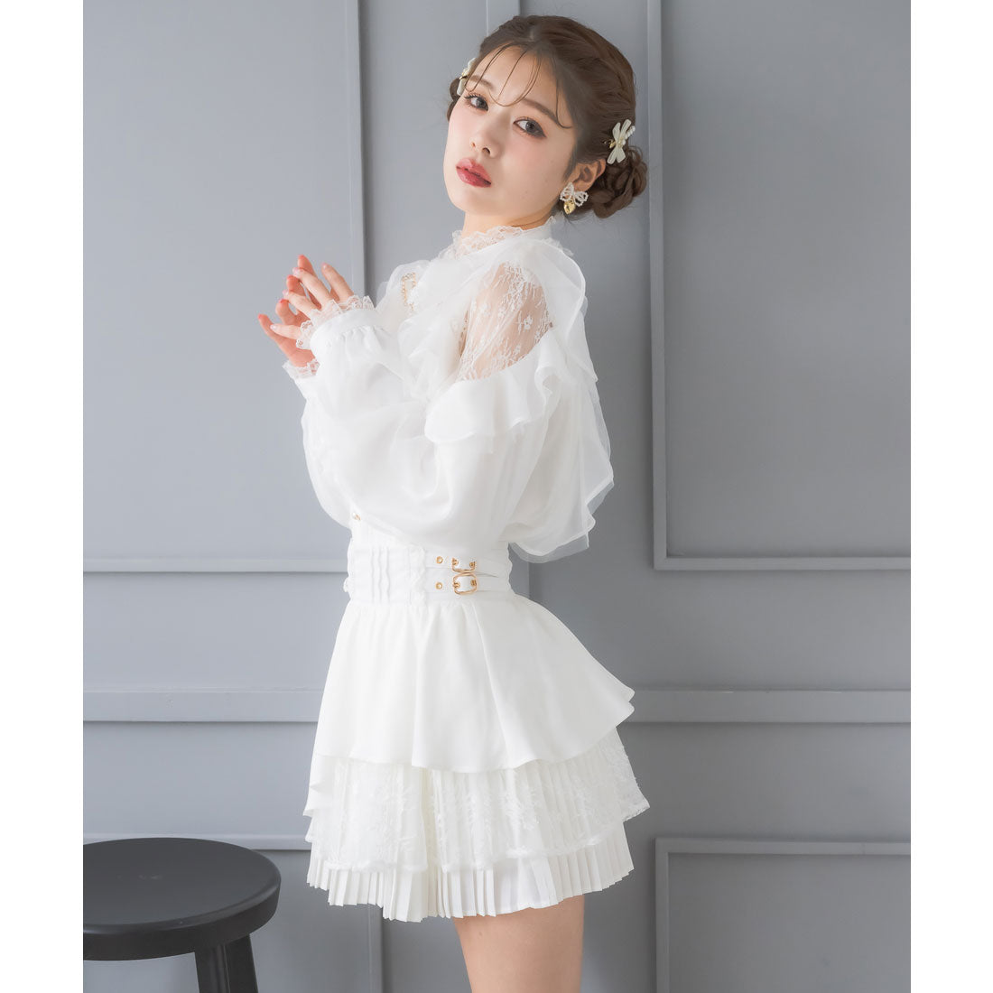 クチュールバイロジータ couture BY ROJITA ヘムプリーツティアードミニスカパン （ホワイト） ホワイト