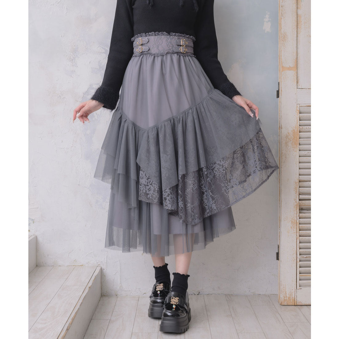 クチュールバイロジータ couture BY ROJITA チュールアシメティアードスカート （チャコールグレー） チャコールグレー