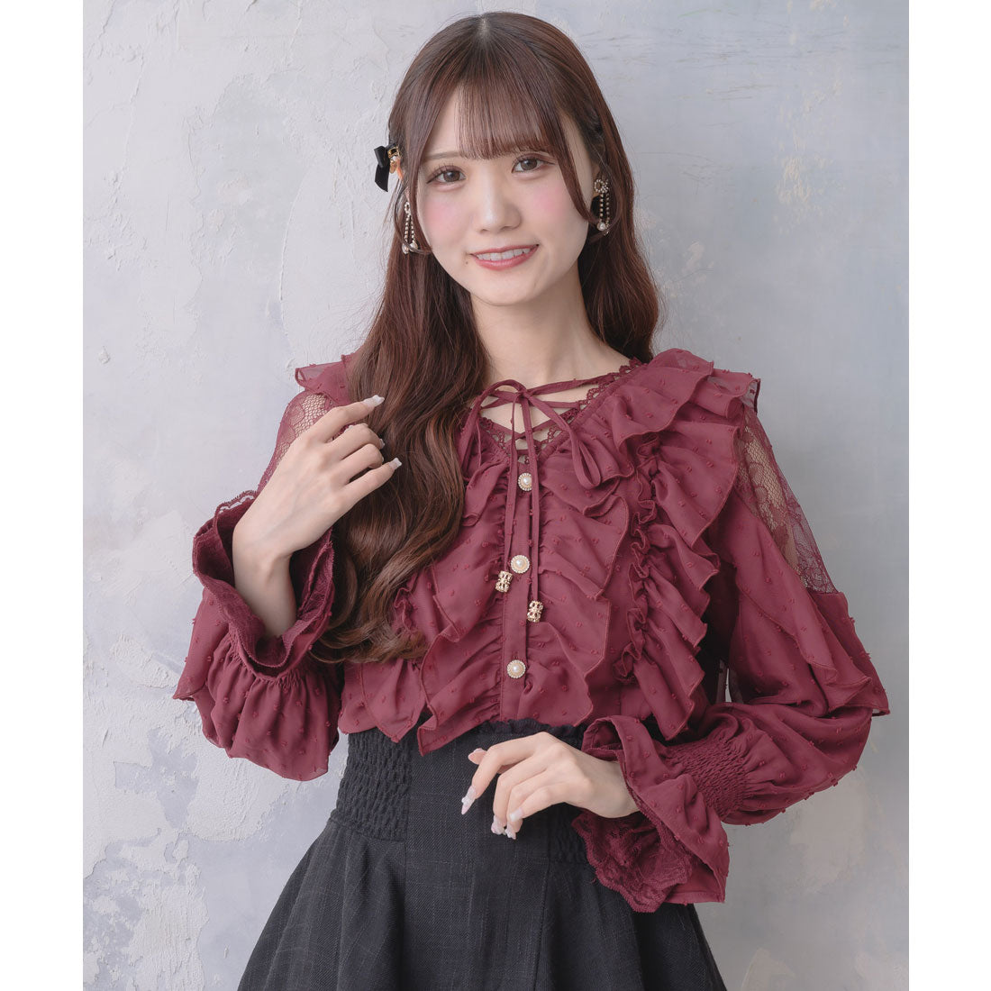 クチュールバイロジータ couture BY ROJITA クロスネックフリルブラウス （ボルドー） ボルドー