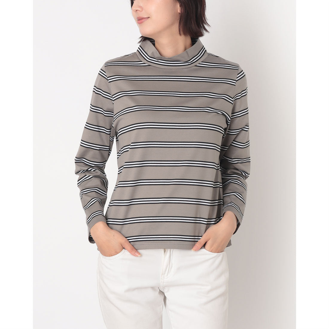 コットンブルー COTTON BLUE ボーダーハイネックプルオーバー （グレー） グレー