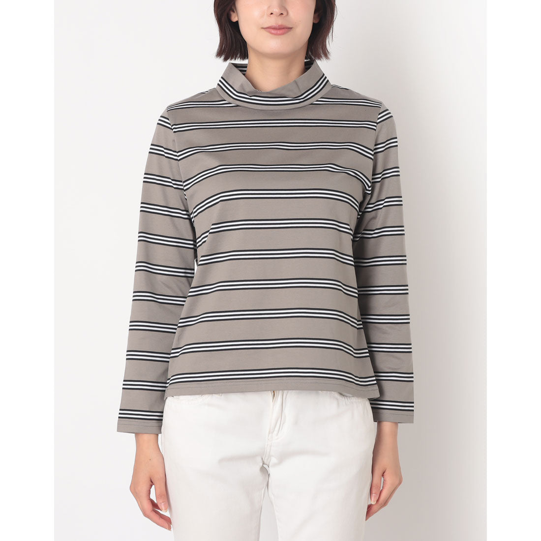 コットンブルー COTTON BLUE ボーダーハイネックプルオーバー （グレー） グレー