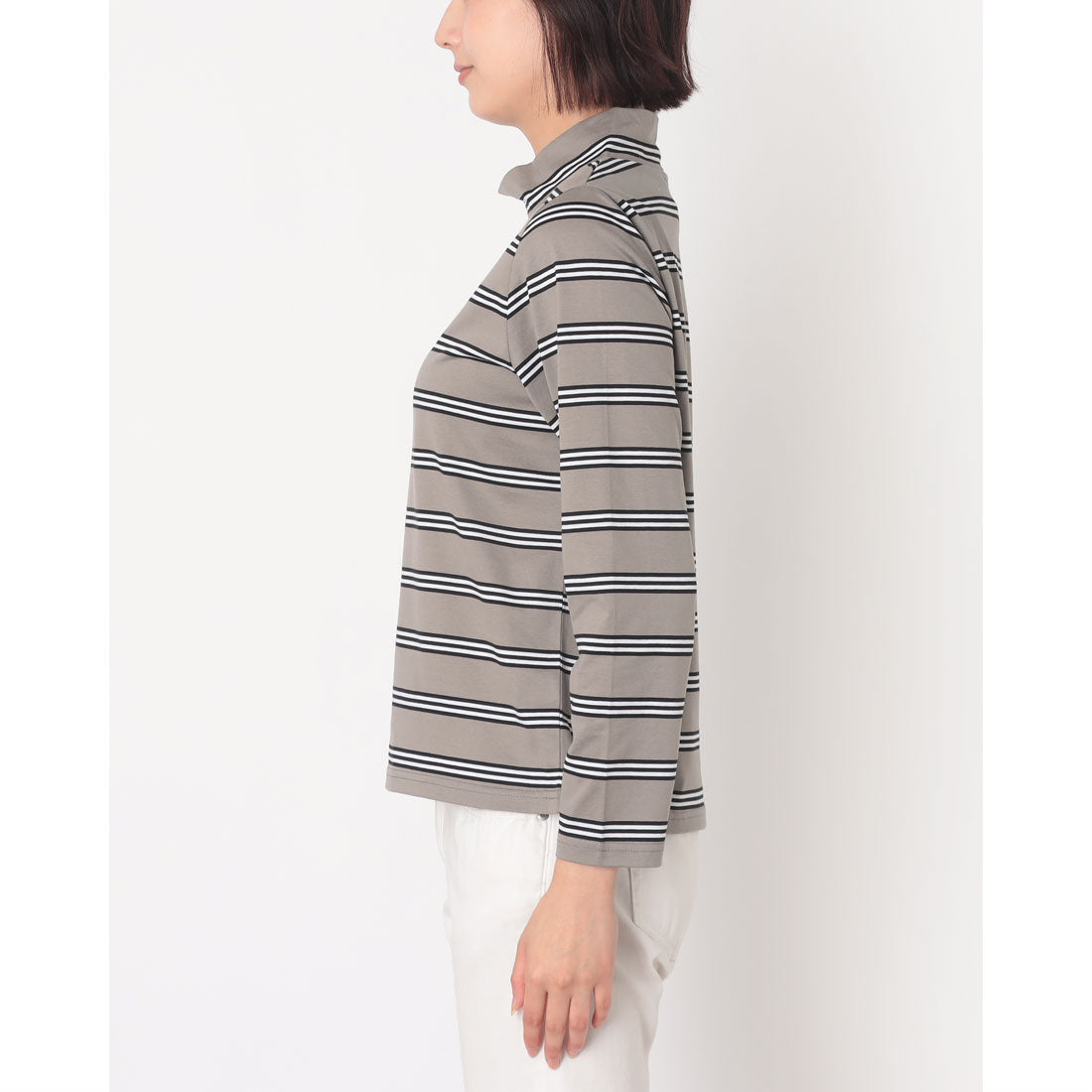 コットンブルー COTTON BLUE ボーダーハイネックプルオーバー （グレー） グレー