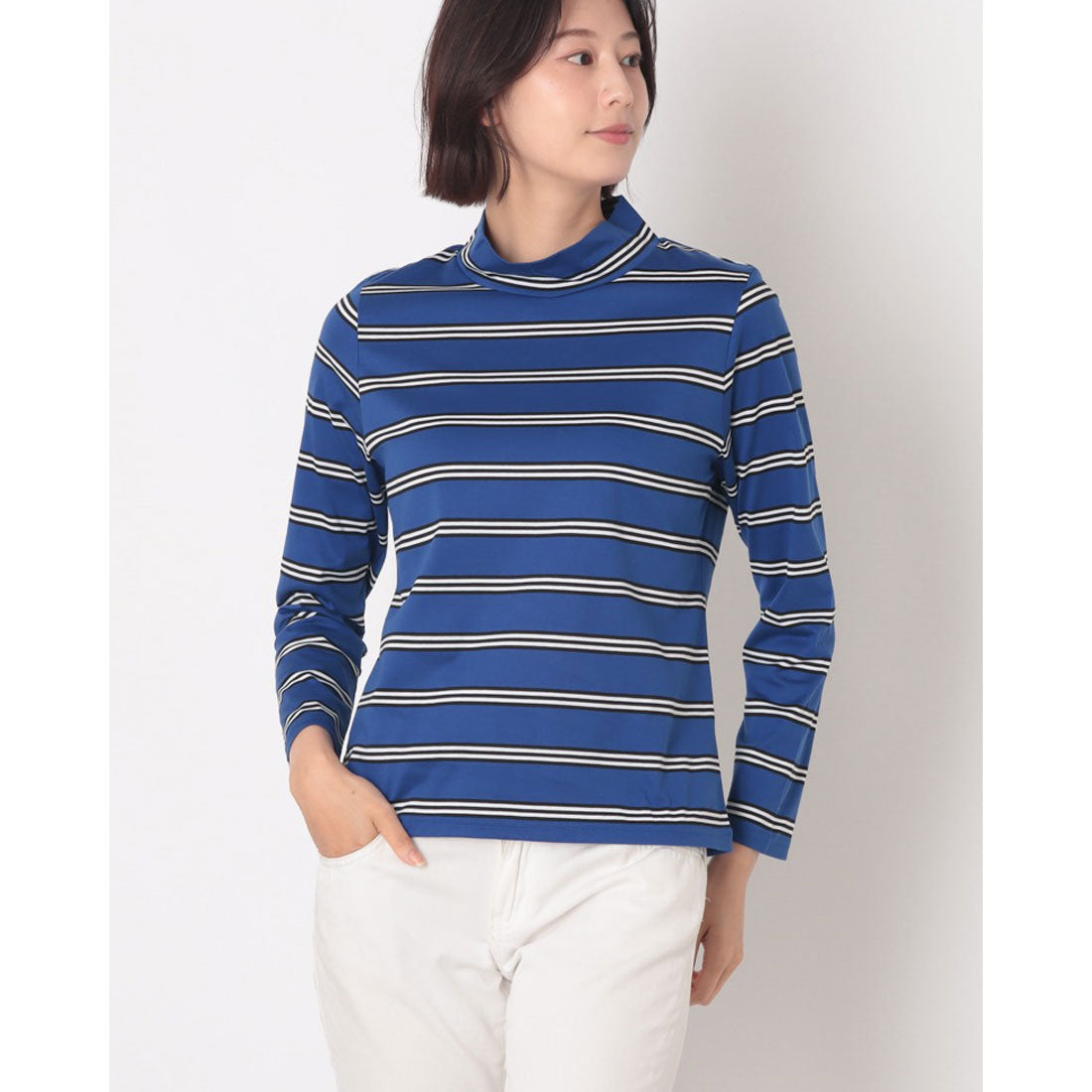 コットンブルー COTTON BLUE ボーダーハイネックプルオーバー （青） 青