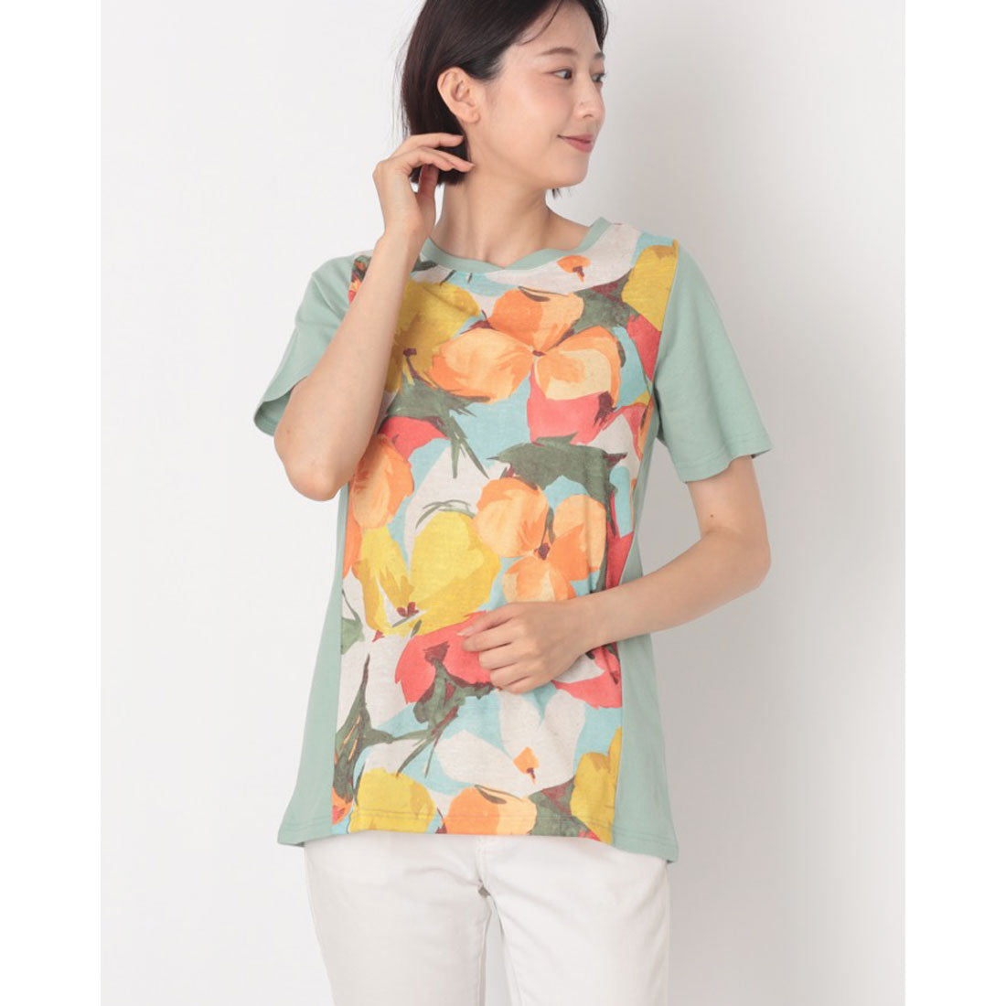 コットンブルー COTTON BLUE プリント切替えチュニック （サックス） サックス