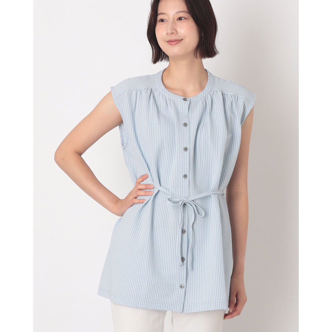 コットンブルー COTTON BLUE ギャザー使いノースリーブブラウス （サックス） サックス