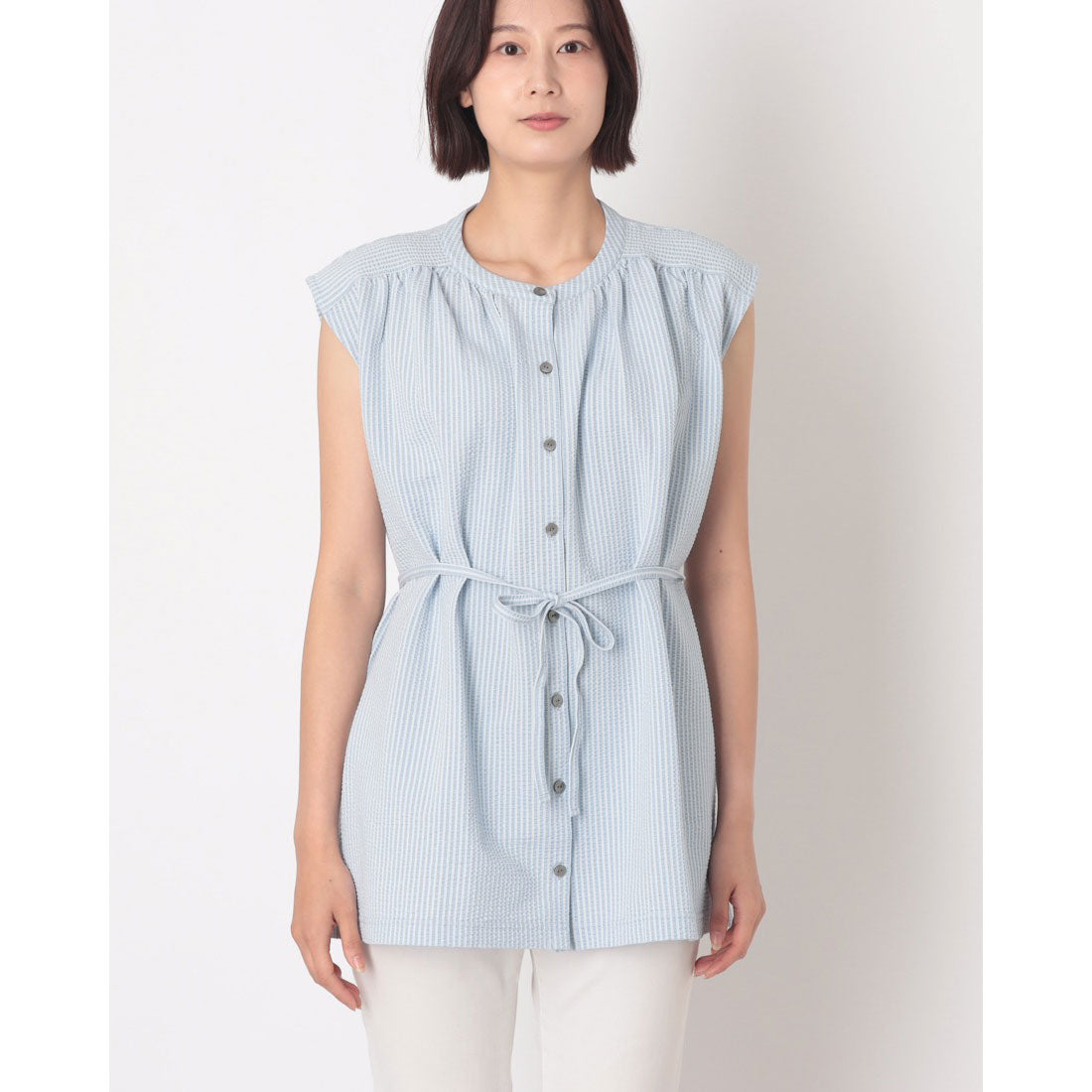 コットンブルー COTTON BLUE ギャザー使いノースリーブブラウス （サックス） サックス