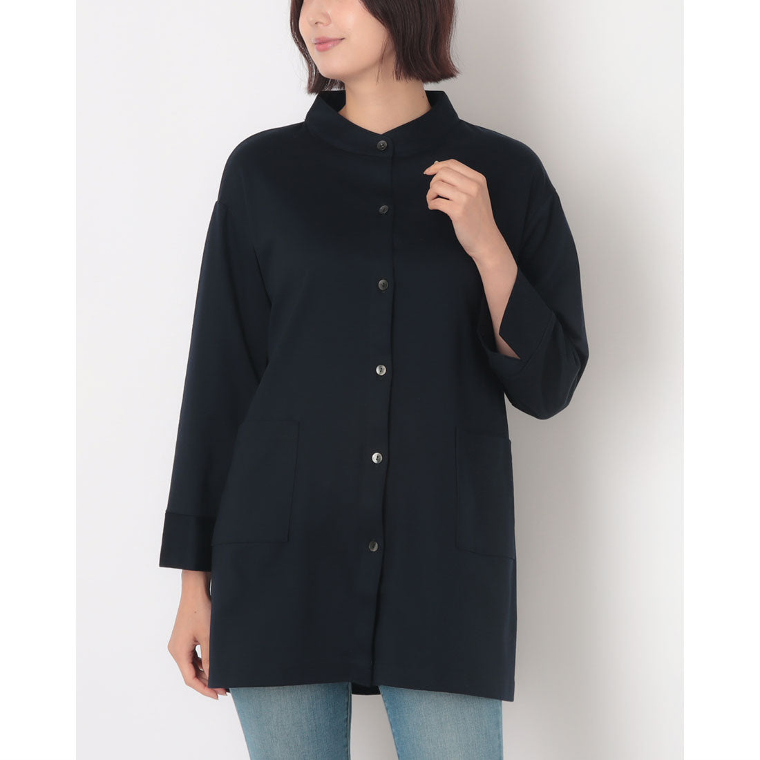 コットンブルー COTTON BLUE スタンドカラーロングシャツ （ネイビー） ネイビー