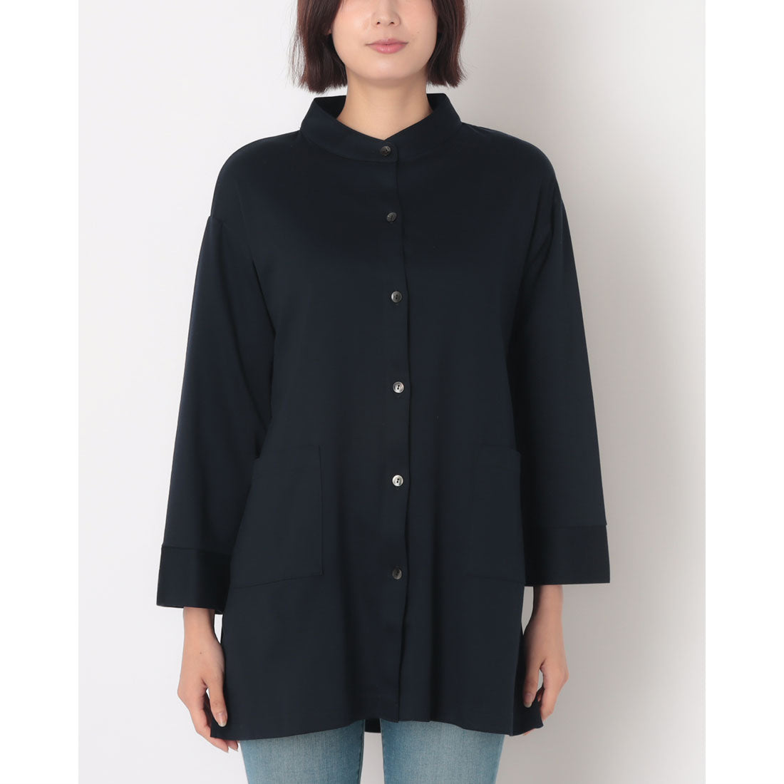 コットンブルー COTTON BLUE スタンドカラーロングシャツ （ネイビー） ネイビー