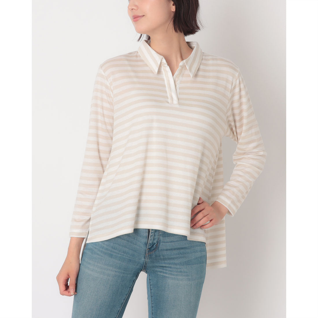 コットンブルー COTTON BLUE ボーダー柄スキッパープルオーバー （ベージュ） ベージュ