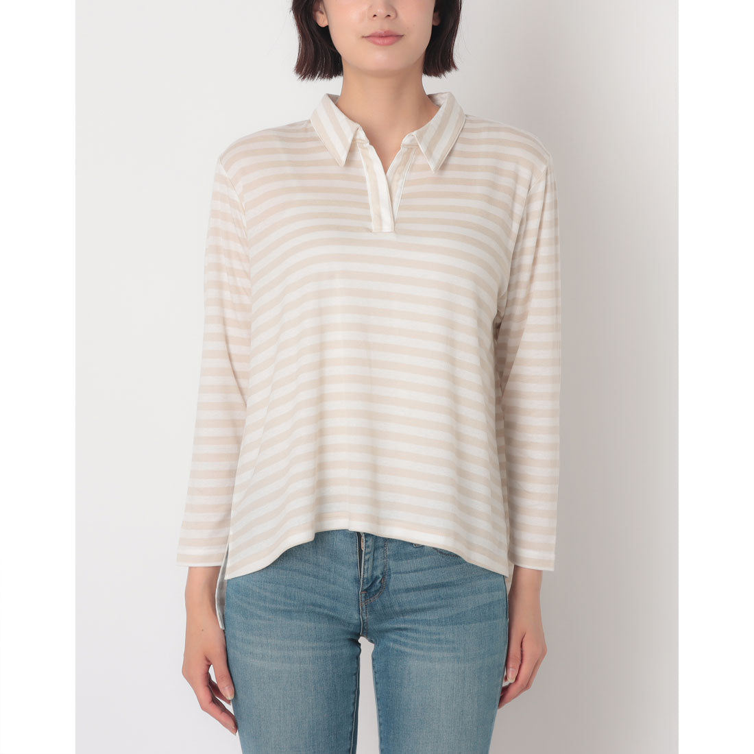 コットンブルー COTTON BLUE ボーダー柄スキッパープルオーバー （ベージュ） ベージュ