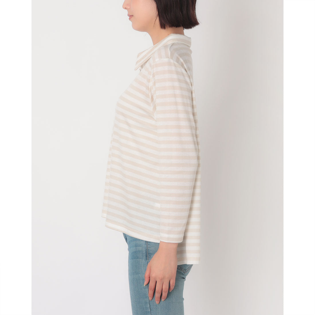 コットンブルー COTTON BLUE ボーダー柄スキッパープルオーバー （ベージュ） ベージュ