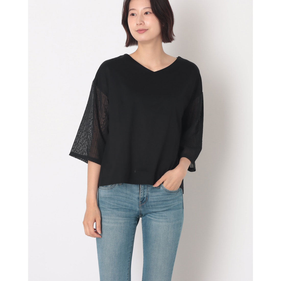 コットンブルー COTTON BLUE 異素材切替えプルオーバー （黒） 黒
