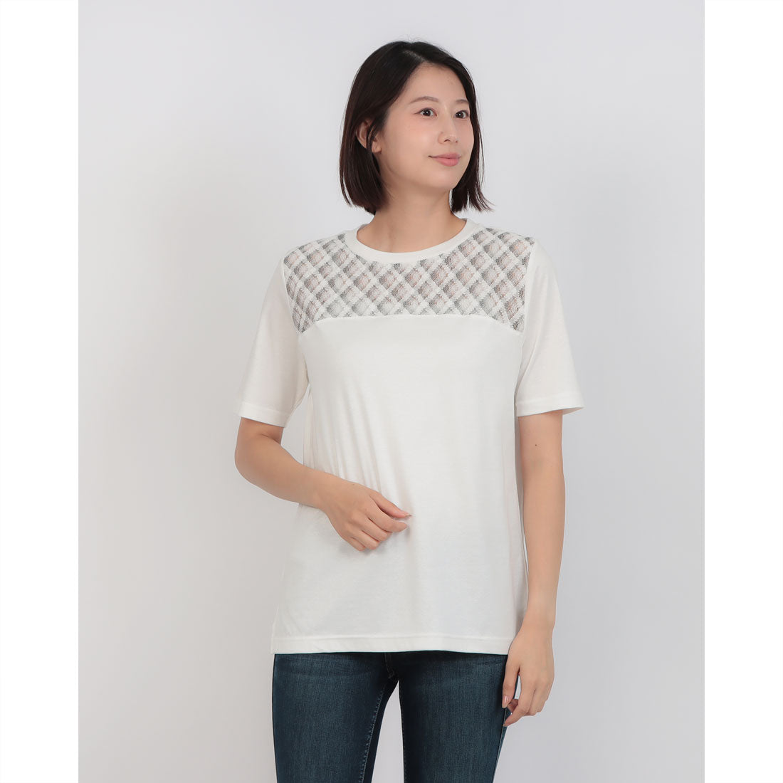 コットンブルー COTTON BLUE レース切替え半袖プルオーバー （白） 白