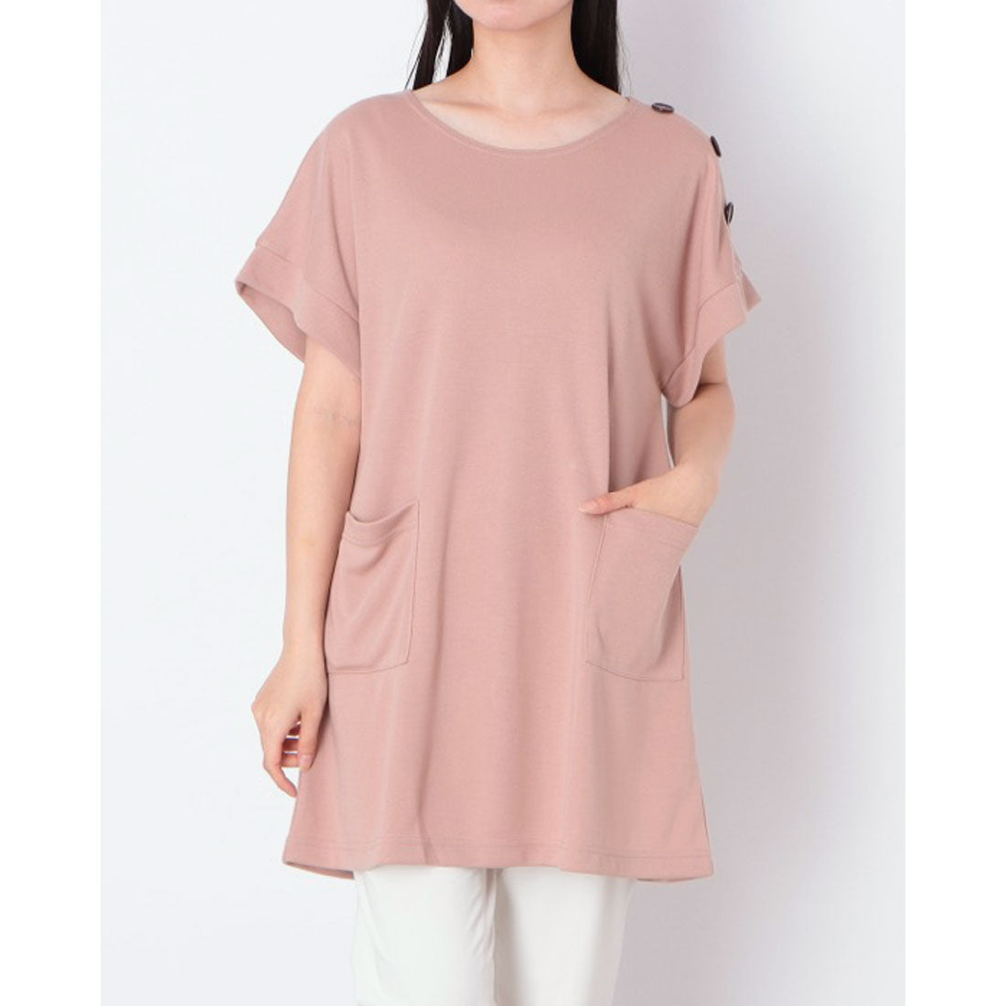 コットンブルー COTTON BLUE ショルダーボタンクルーネックチュニック （茶色） 茶色