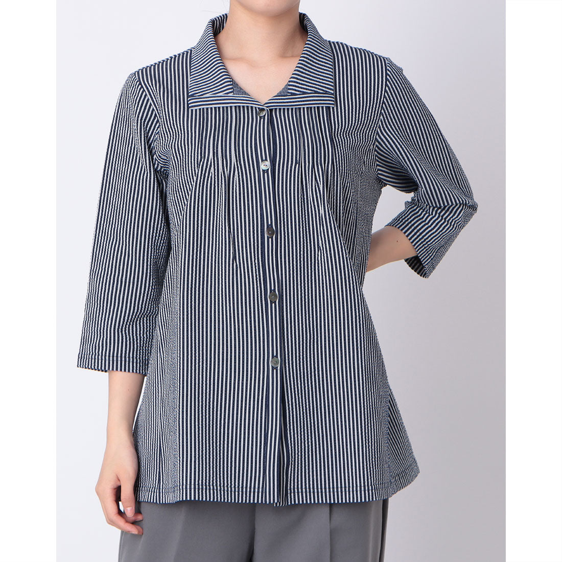 コットンブルー COTTON BLUE 襟付き七分袖ブラウス （ネイビー） ネイビー