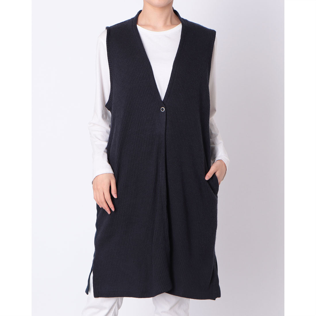 コットンブルー COTTON BLUE 異素材使いロングジレ （ネイビー） ネイビー