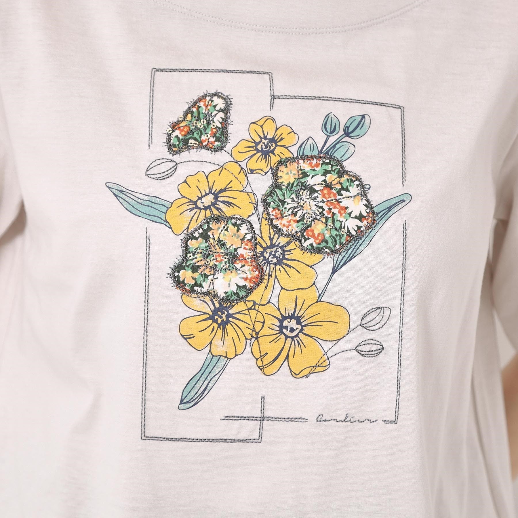 コルディア CORDIER 【M～4Lサイズ】パッチワーク＆刺繍 フラワーモチーフTシャツ （ブルー(092)） ブルー(092)