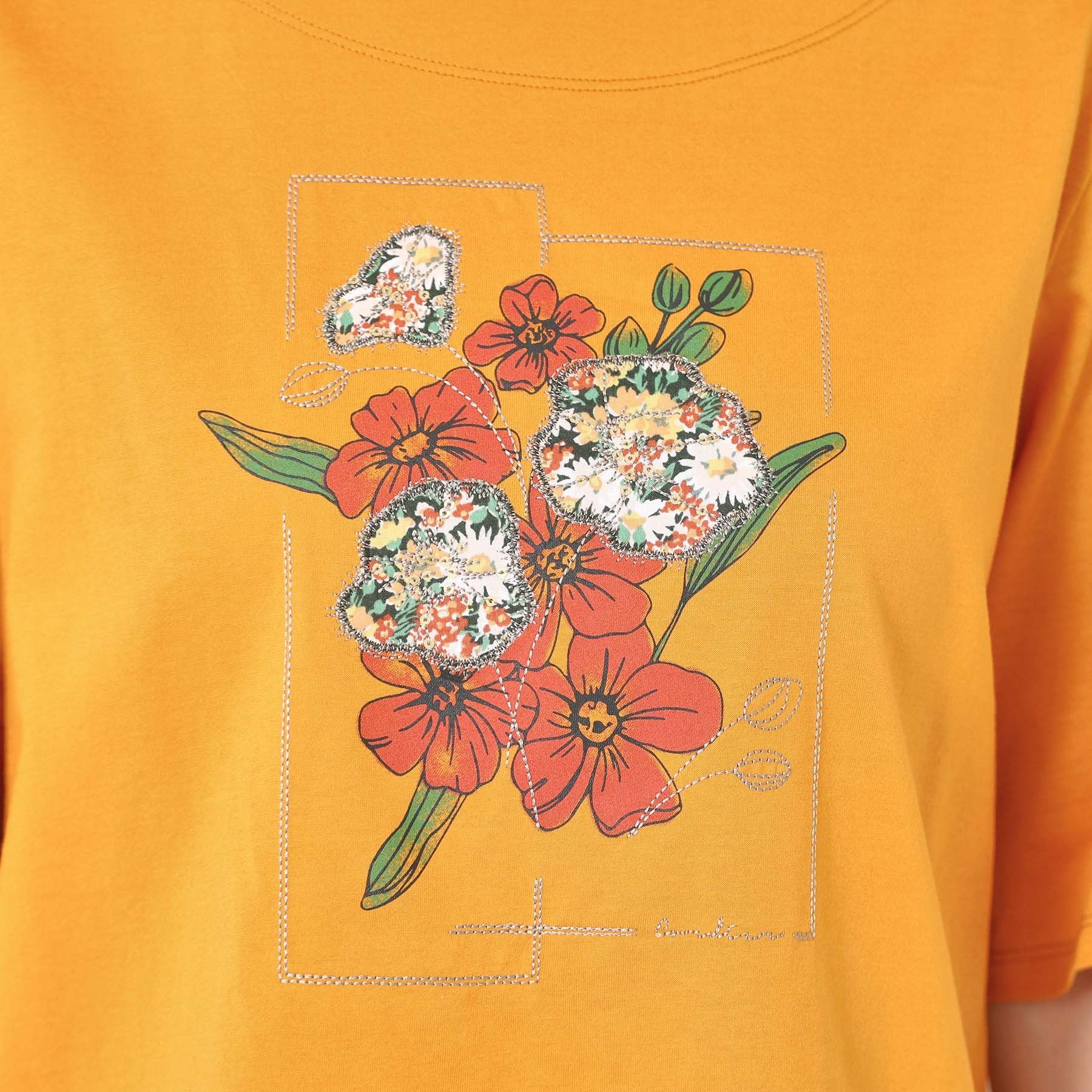 コルディア CORDIER 【M～4Lサイズ】パッチワーク＆刺繍 フラワーモチーフTシャツ （ブルー(092)） ブルー(092)