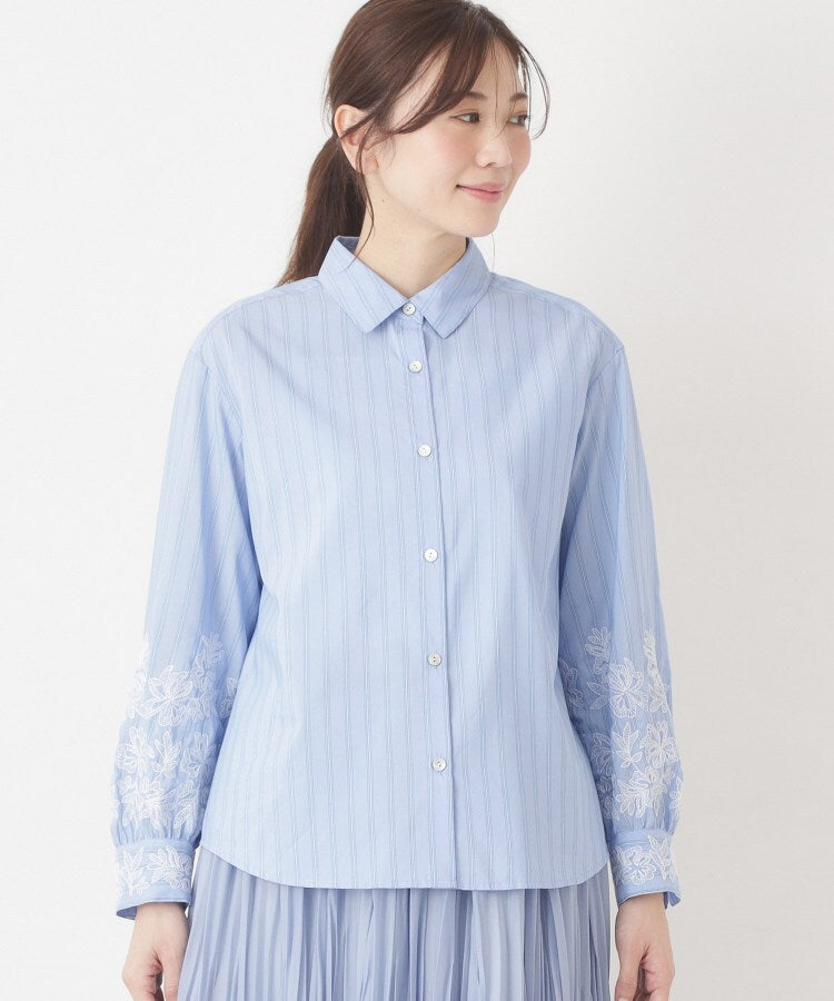 コルディア CORDIER 【M～3Lサイズ】刺繍デザインストライプブラウス （ネイビー(394)） ネイビー(394)