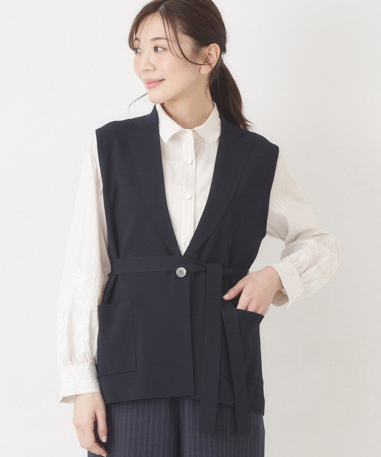 コルディア CORDIER 【M～3Lサイズ】刺繍デザインストライプブラウス （ネイビー(394)） ネイビー(394)