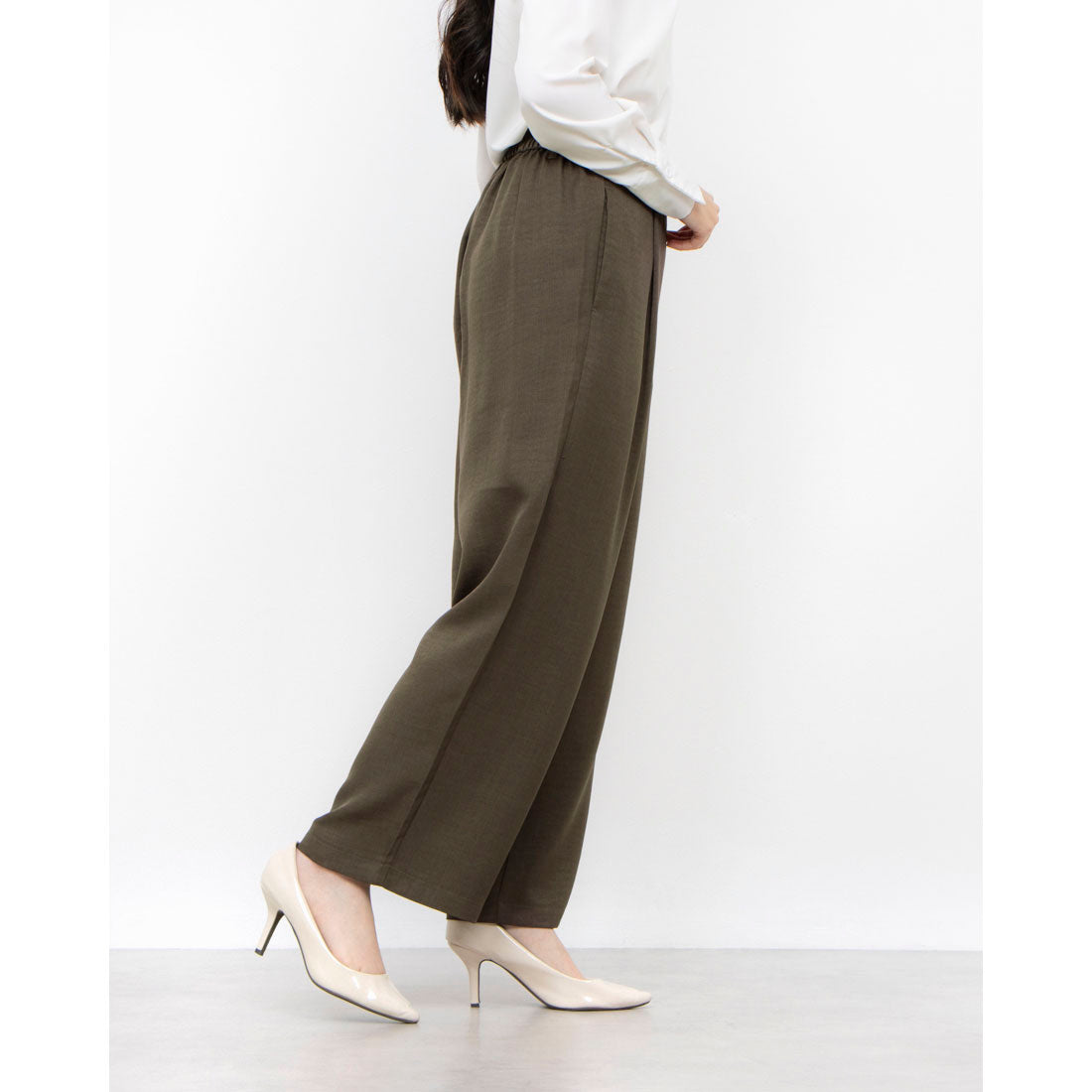 コムサモデルズ COMME CA MODELS 【美しいベーシックパンツ】麻調ワイドパンツ （オリーブ） オリーブ