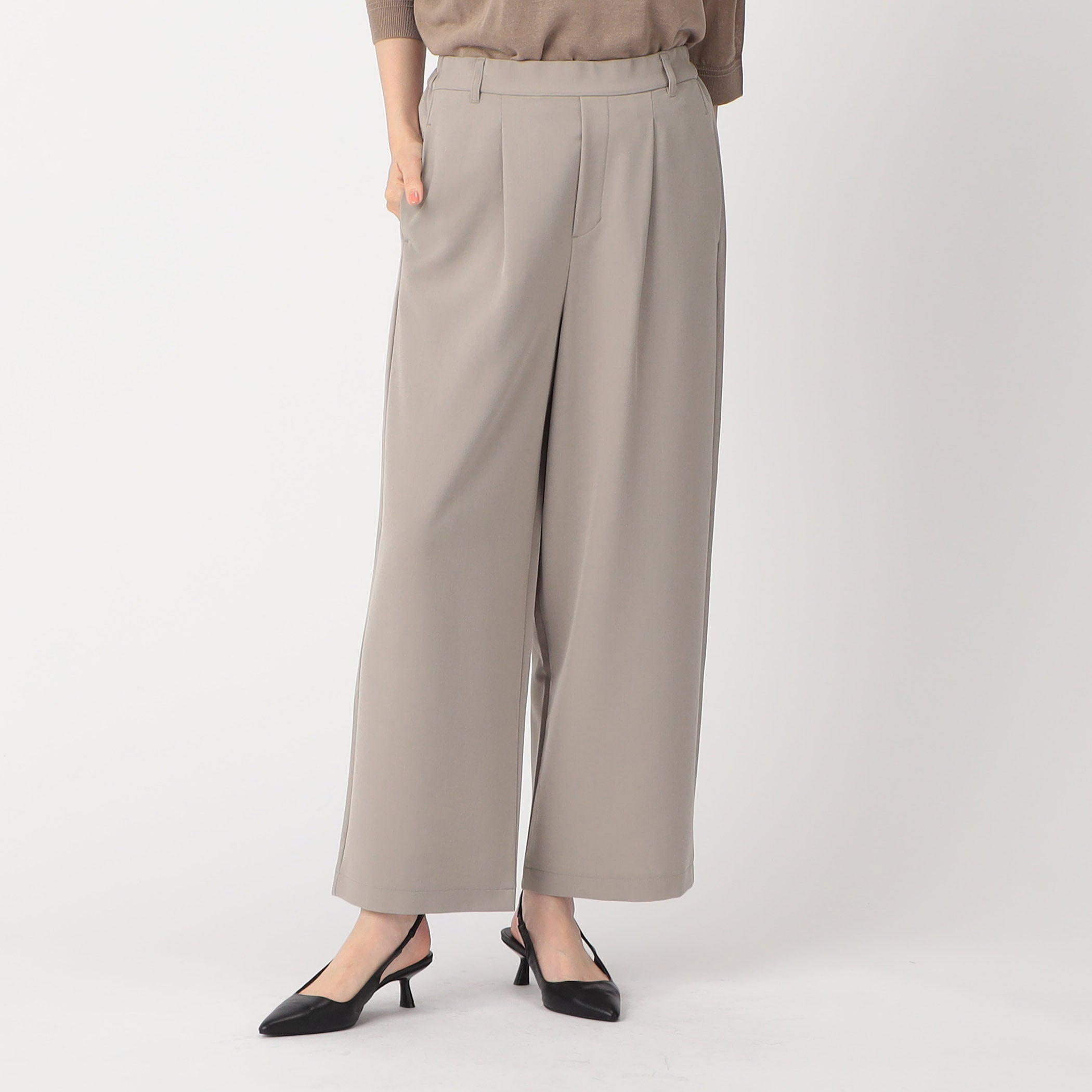 COMME CA MODELS [Beautiful basic pants] Polyester rayon stretch wide pants