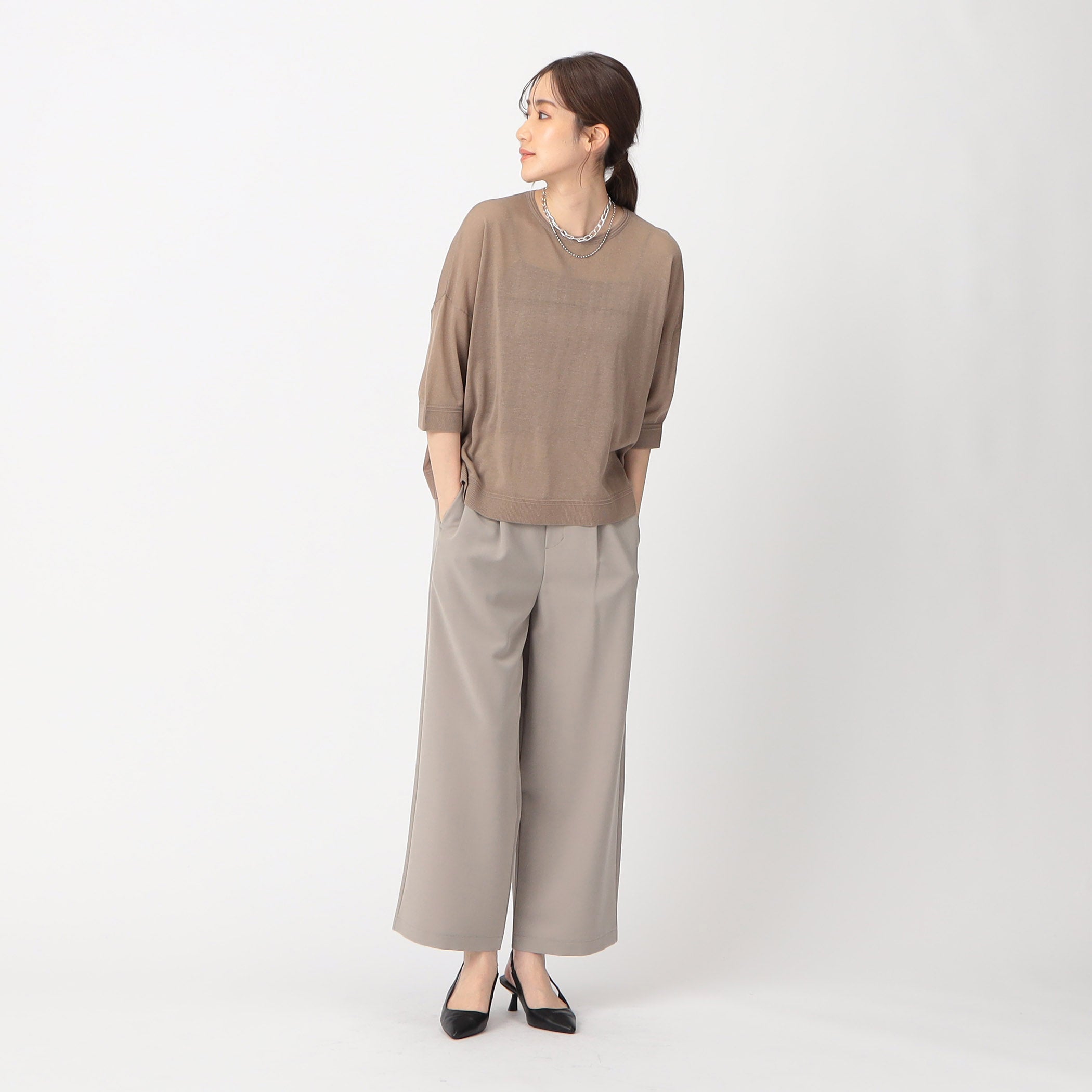 COMME CA MODELS [Beautiful basic pants] Polyester rayon stretch wide pants