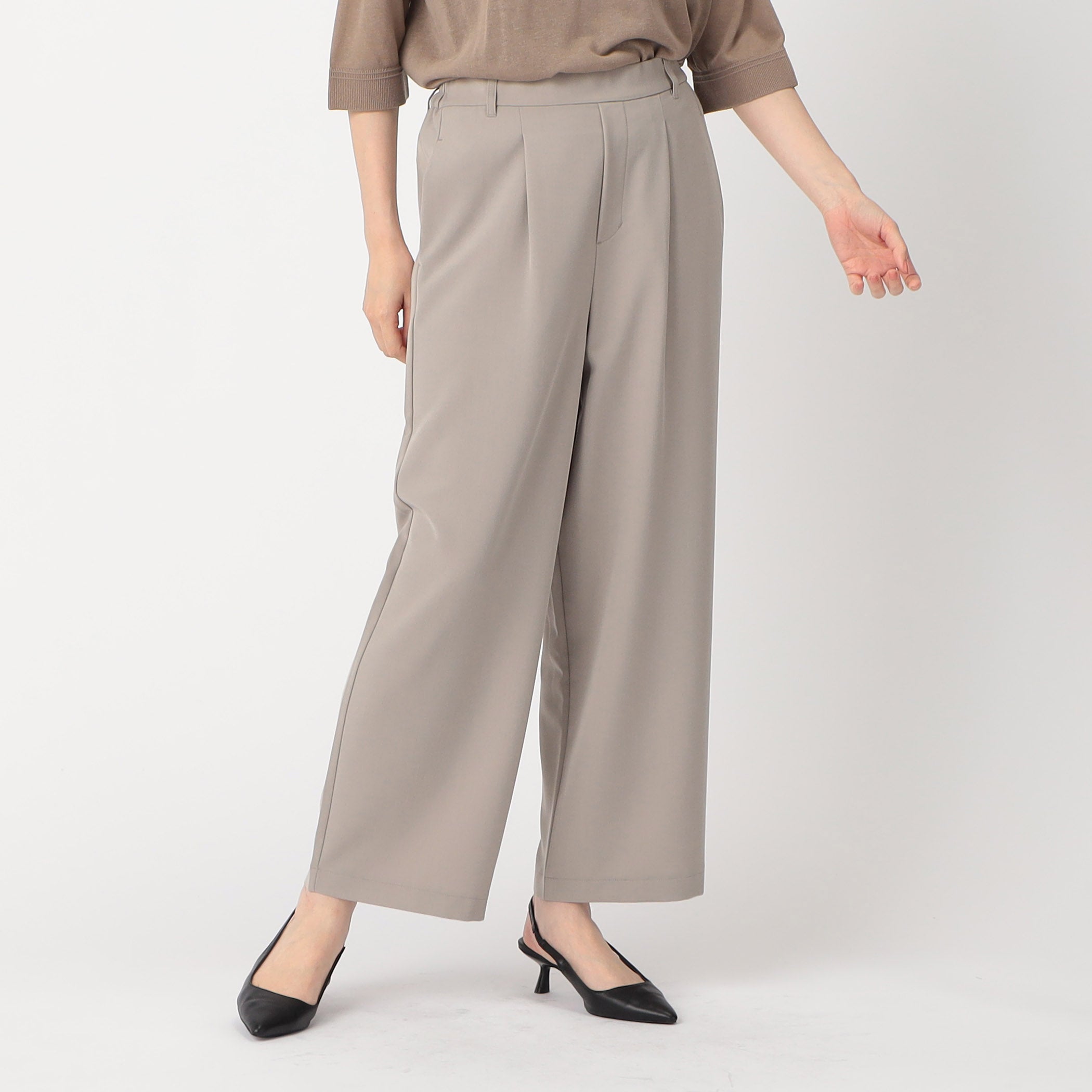 COMME CA MODELS [Beautiful basic pants] Polyester rayon stretch wide pants