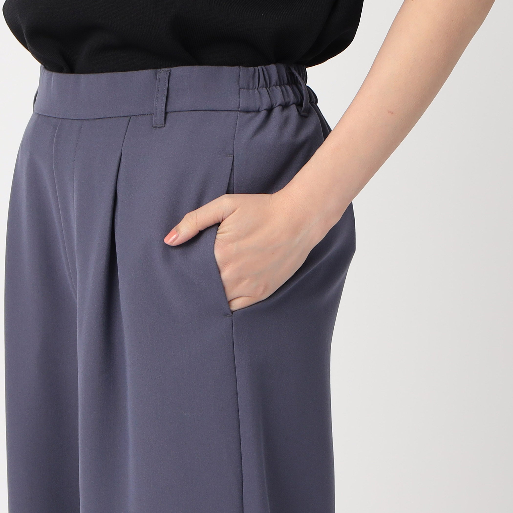 COMME CA MODELS [Beautiful basic pants] Polyester rayon stretch wide pants