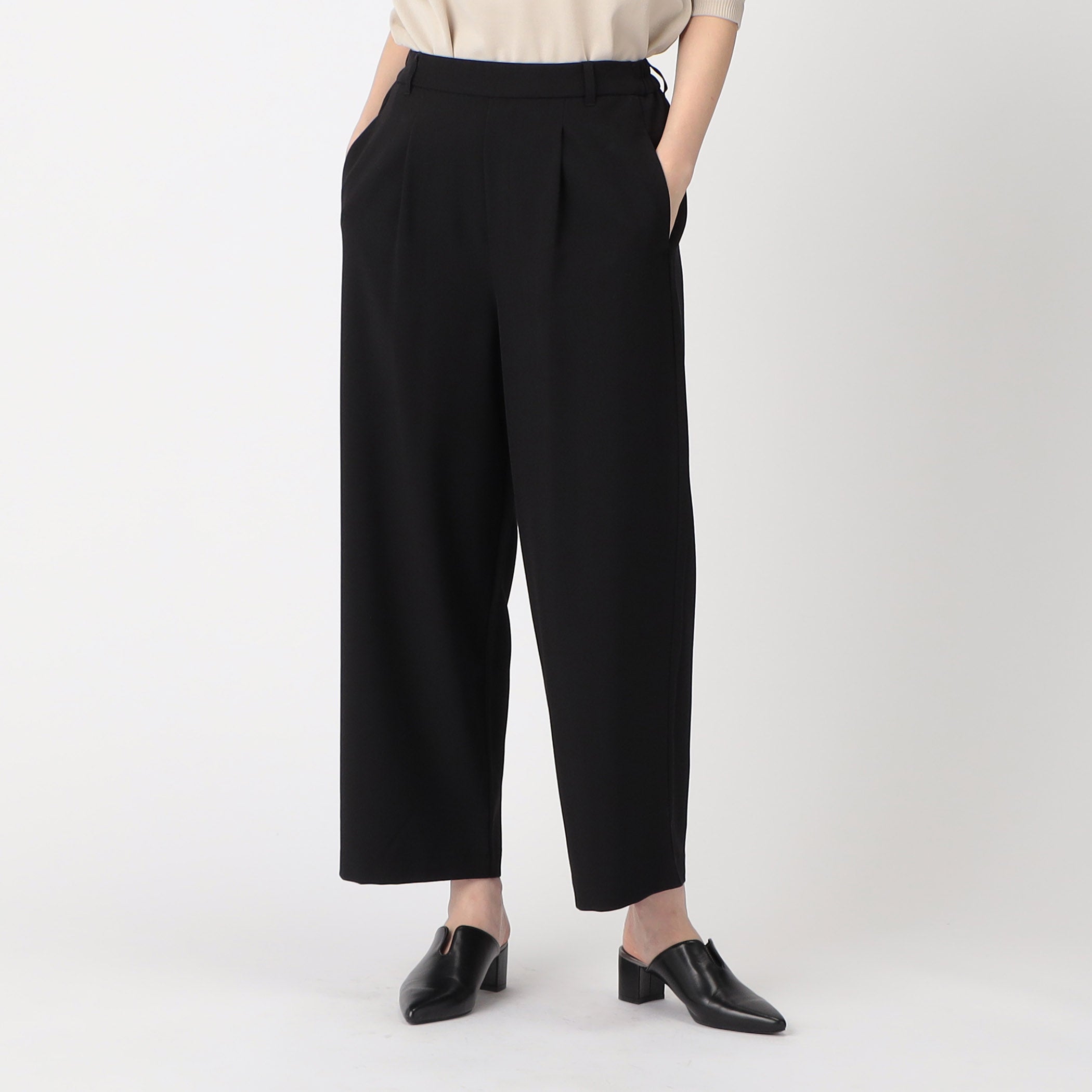 COMME CA MODELS [Beautiful basic pants] Polyester rayon stretch wide pants