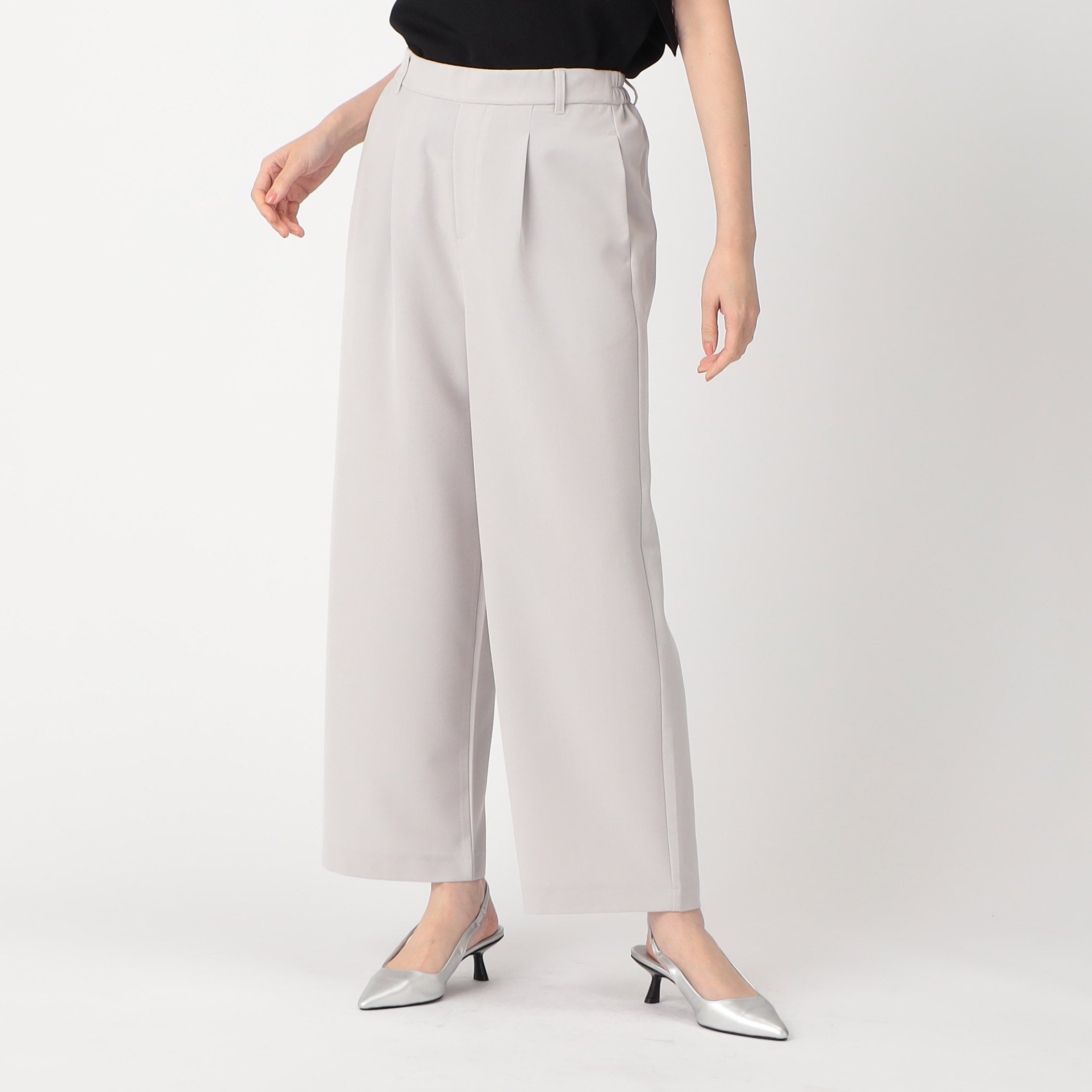 COMME CA MODELS [Beautiful basic pants] Polyester rayon stretch wide pants