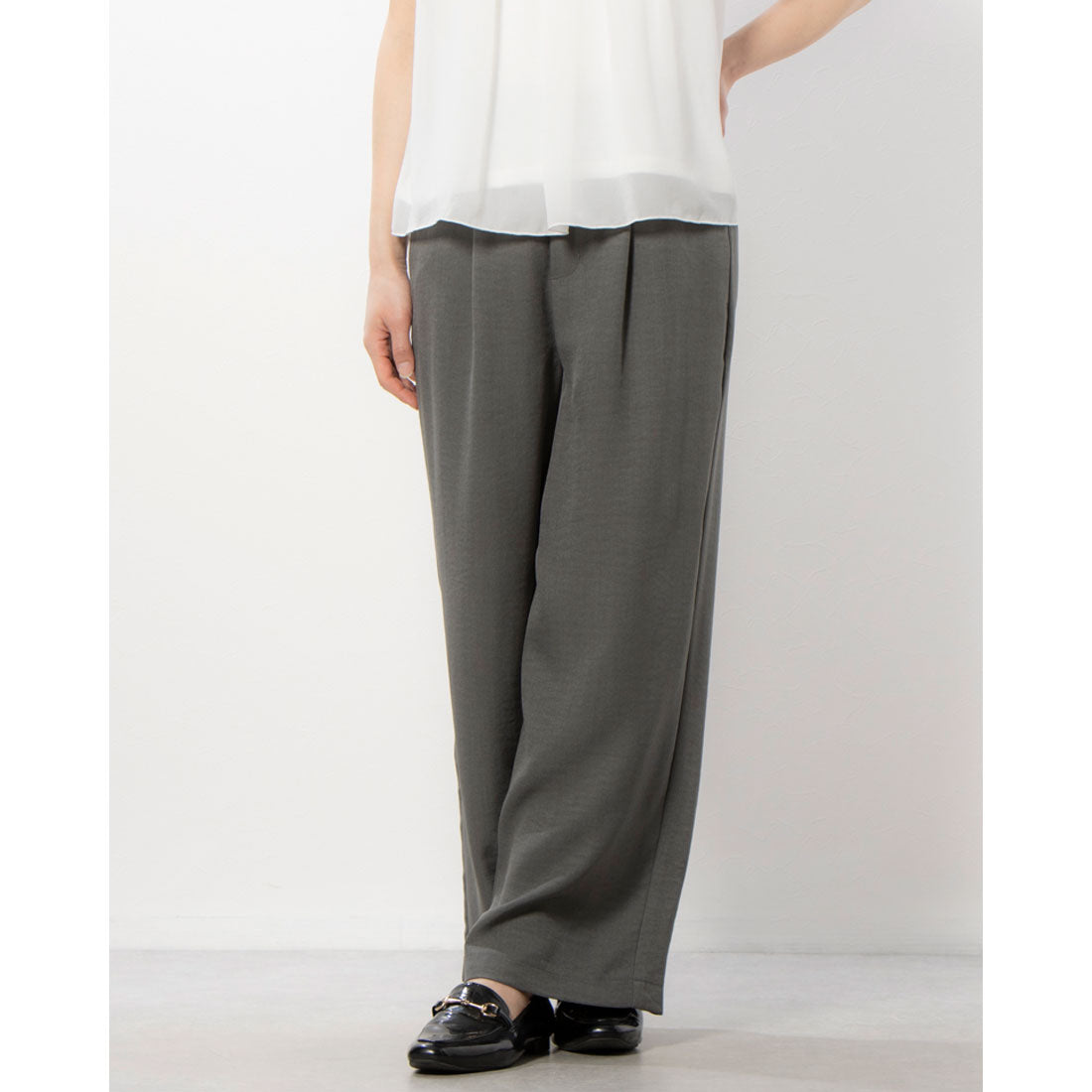 コムサモデルズ COMME CA MODELS 【美しいベーシックパンツ】麻調カチオン ワイドパンツ,オリーブ