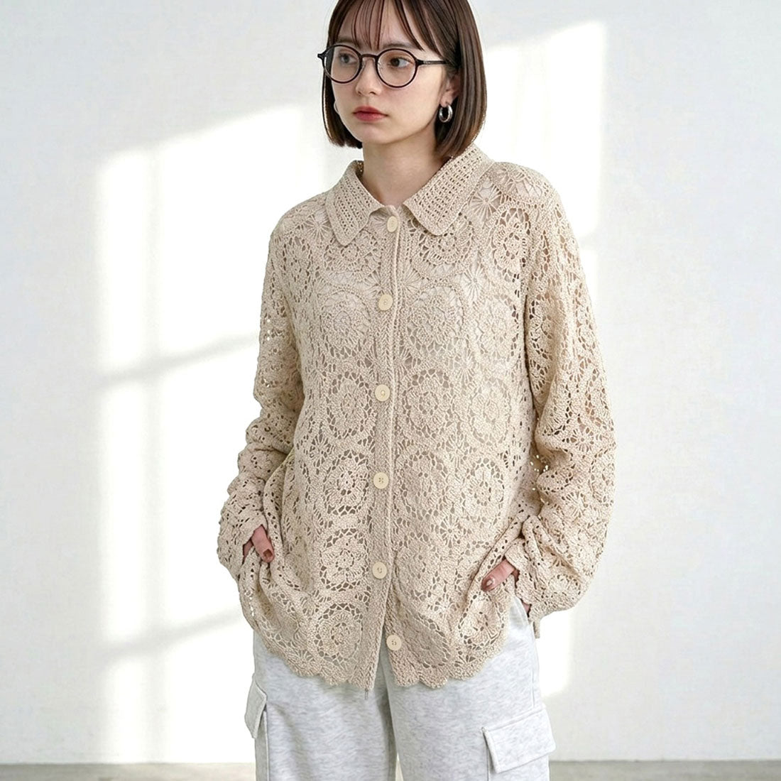 シーアールビー CRB 襟付きクロシェカーディガン （アイボリー） アイボリー