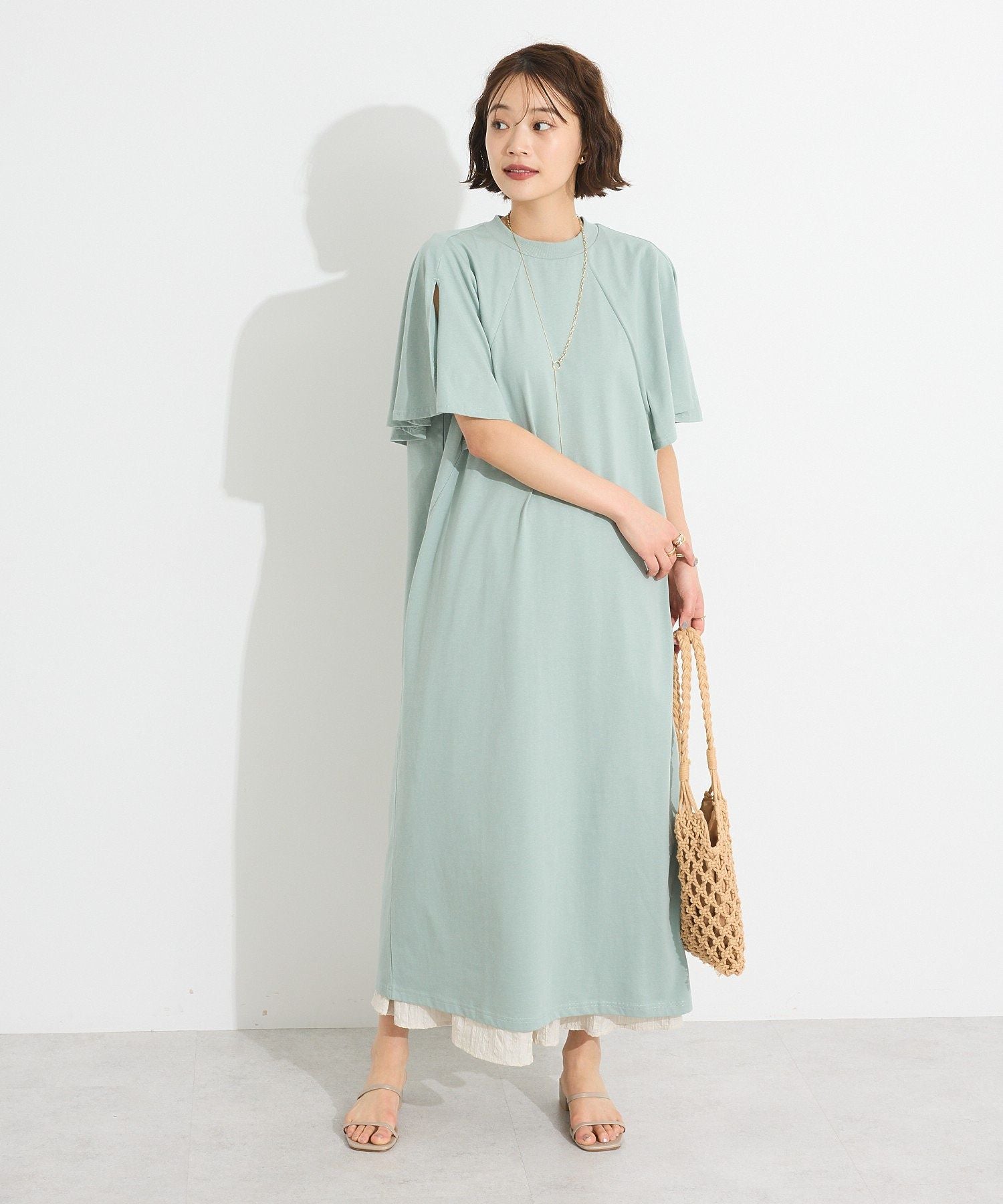 クラフトスタンダードブティック CRAFT STANDARD BOUTIQUE 接触冷感/UVカット フレアスリーブカットワンピース （グリーン） グリーン
