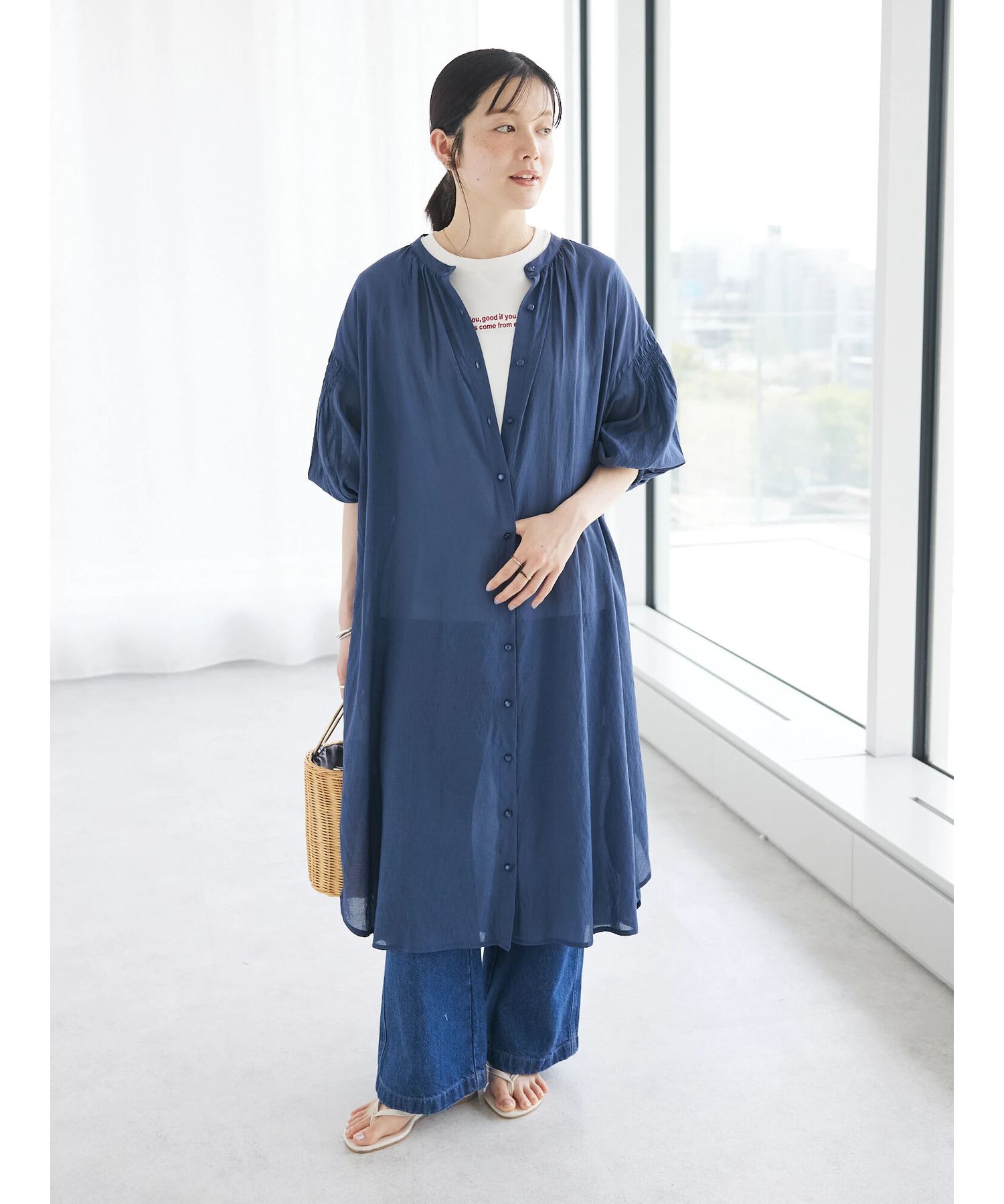 クラフトスタンダードブティック CRAFT STANDARD BOUTIQUE ヴィンテージボイル袖シャーリングワンピース （ディープブルー） ディープブルー