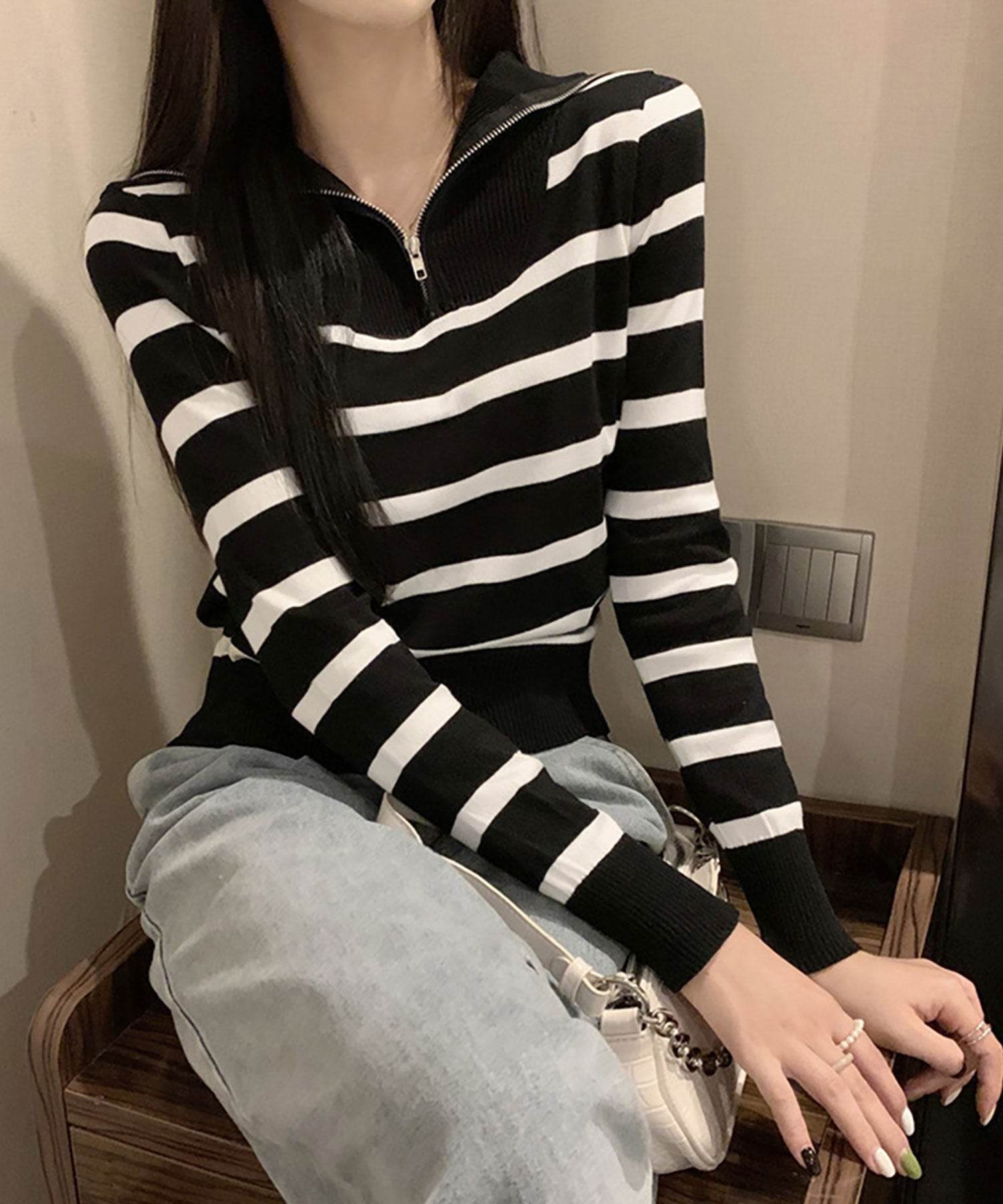 ニナエリナ Nina et Lina ハーフジップボーダーニットプルオーバー （ブラック） ブラック