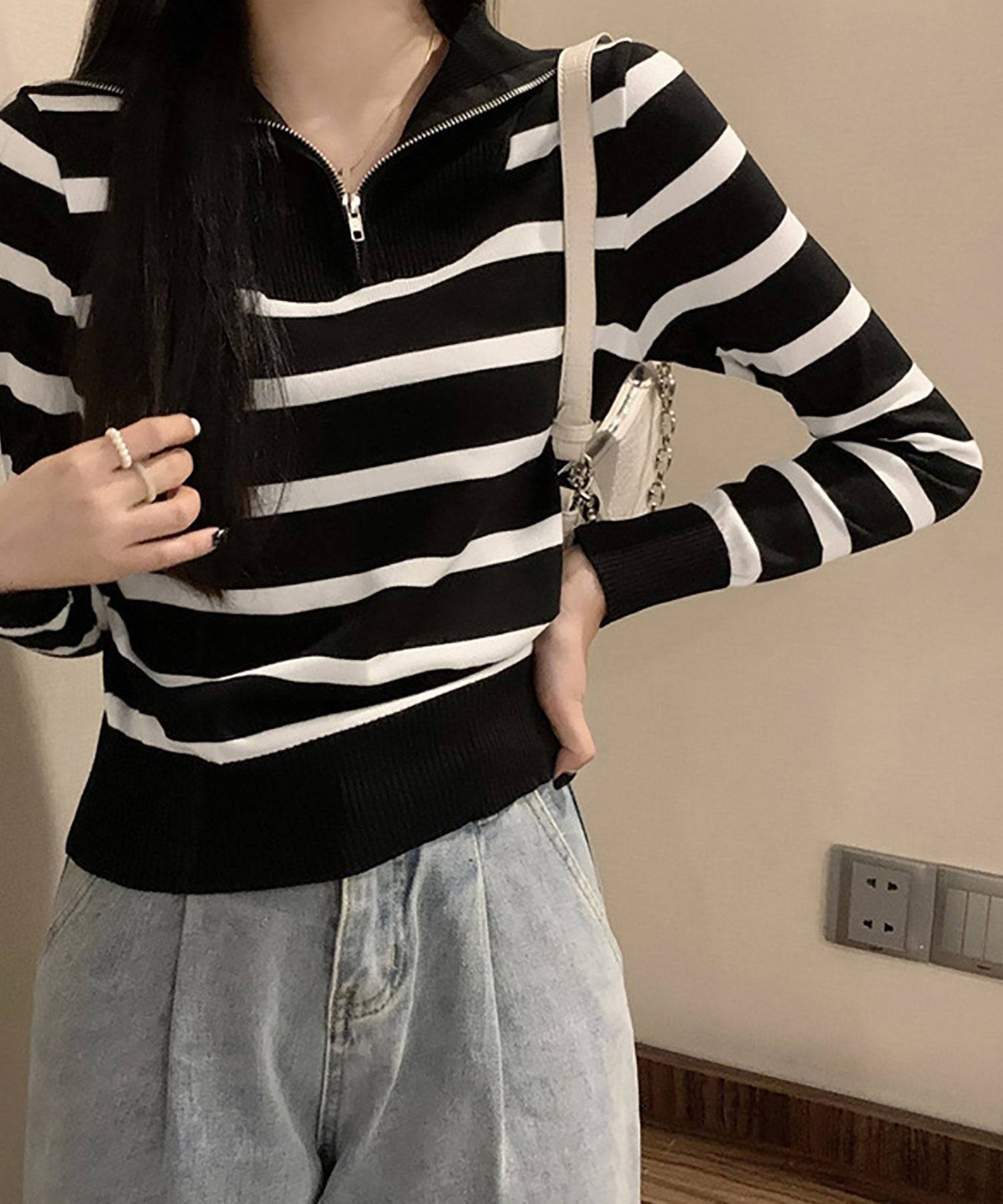 ニナエリナ Nina et Lina ハーフジップボーダーニットプルオーバー （ブラック） ブラック