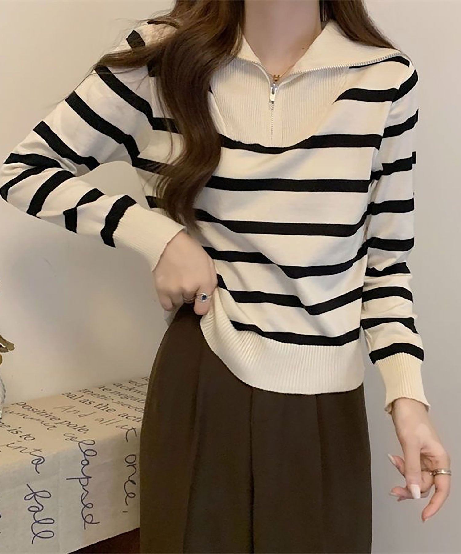 ニナエリナ Nina et Lina ハーフジップボーダーニットプルオーバー （ブラック） ブラック