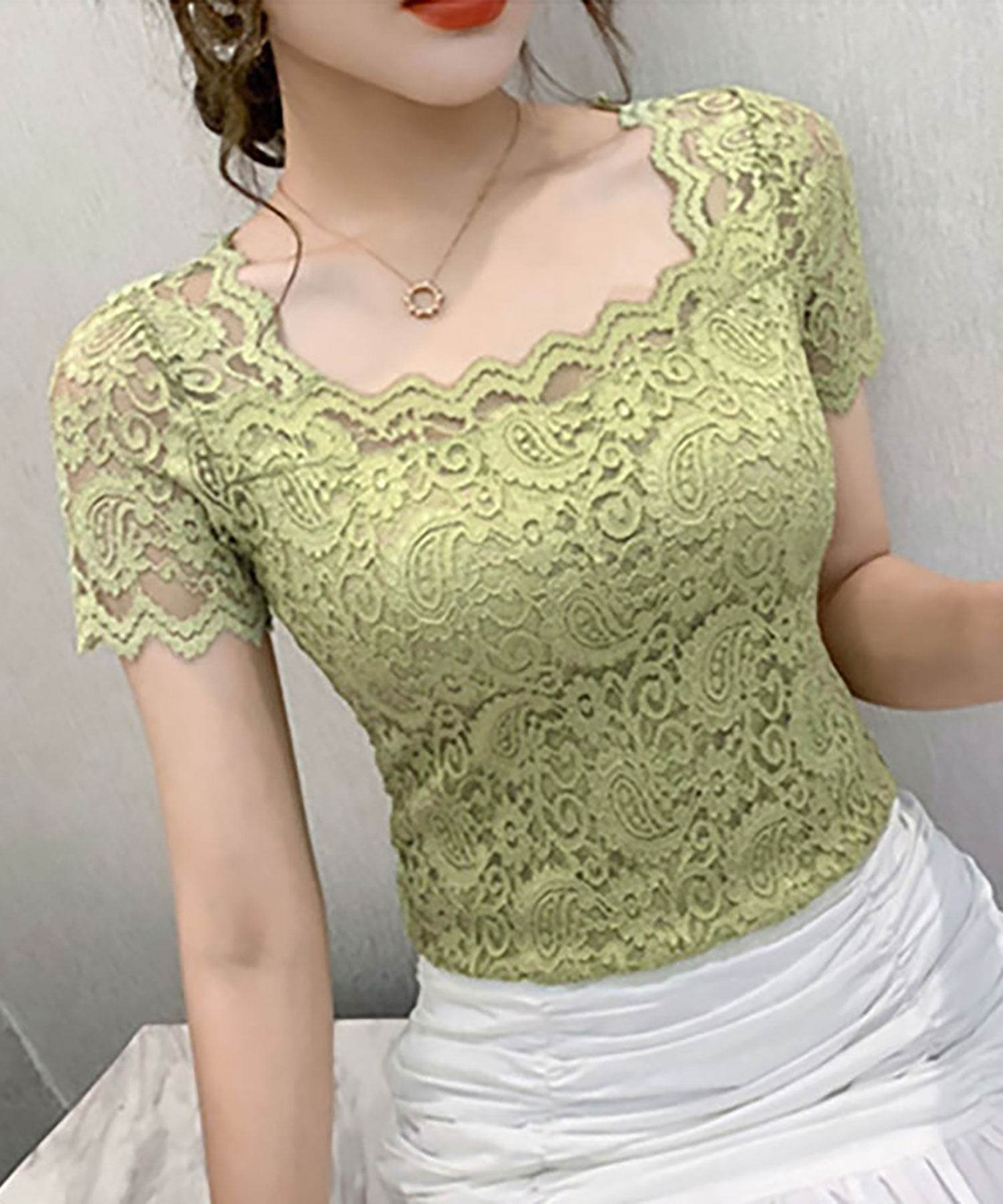 ニナエリナ Nina et Lina 総レースブラウス （リーフグリーン） リーフグリーン