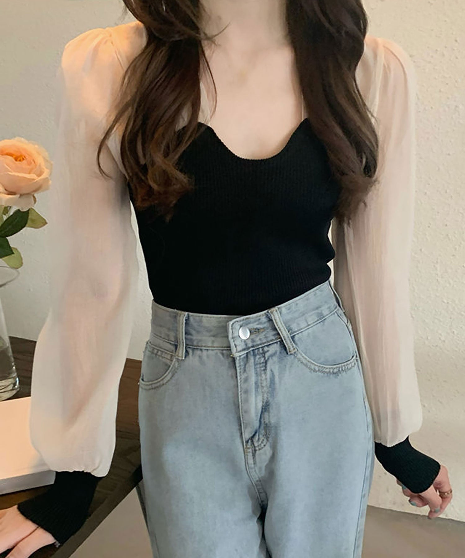 ニナエリナ Nina et Lina シフォン切り替えリブニット （ブラック） ブラック