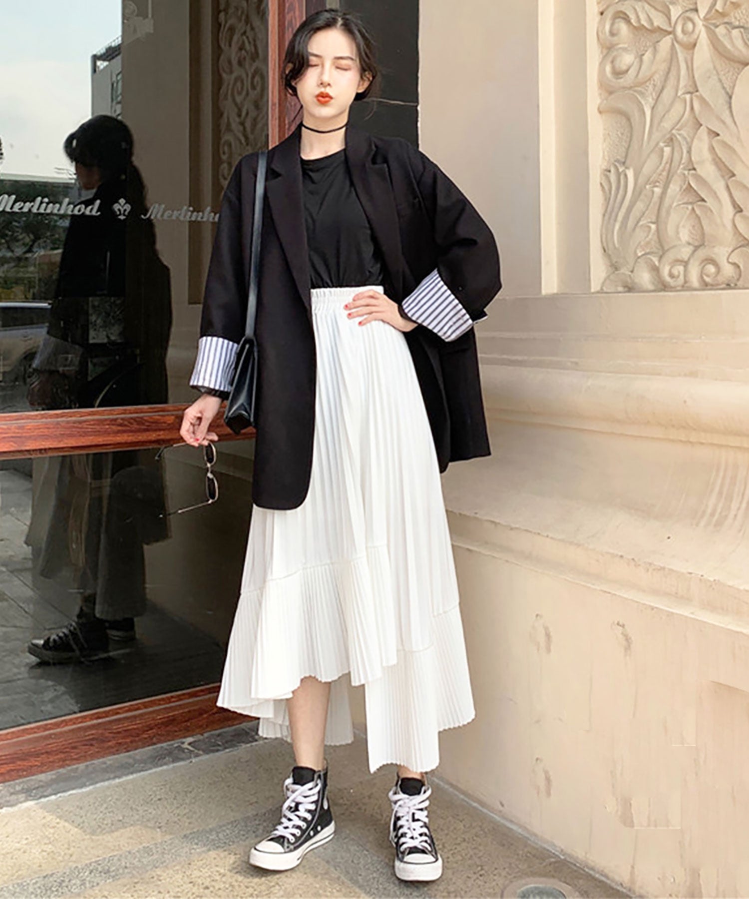 Nina et Lina Color Block Pleated Long Skirt