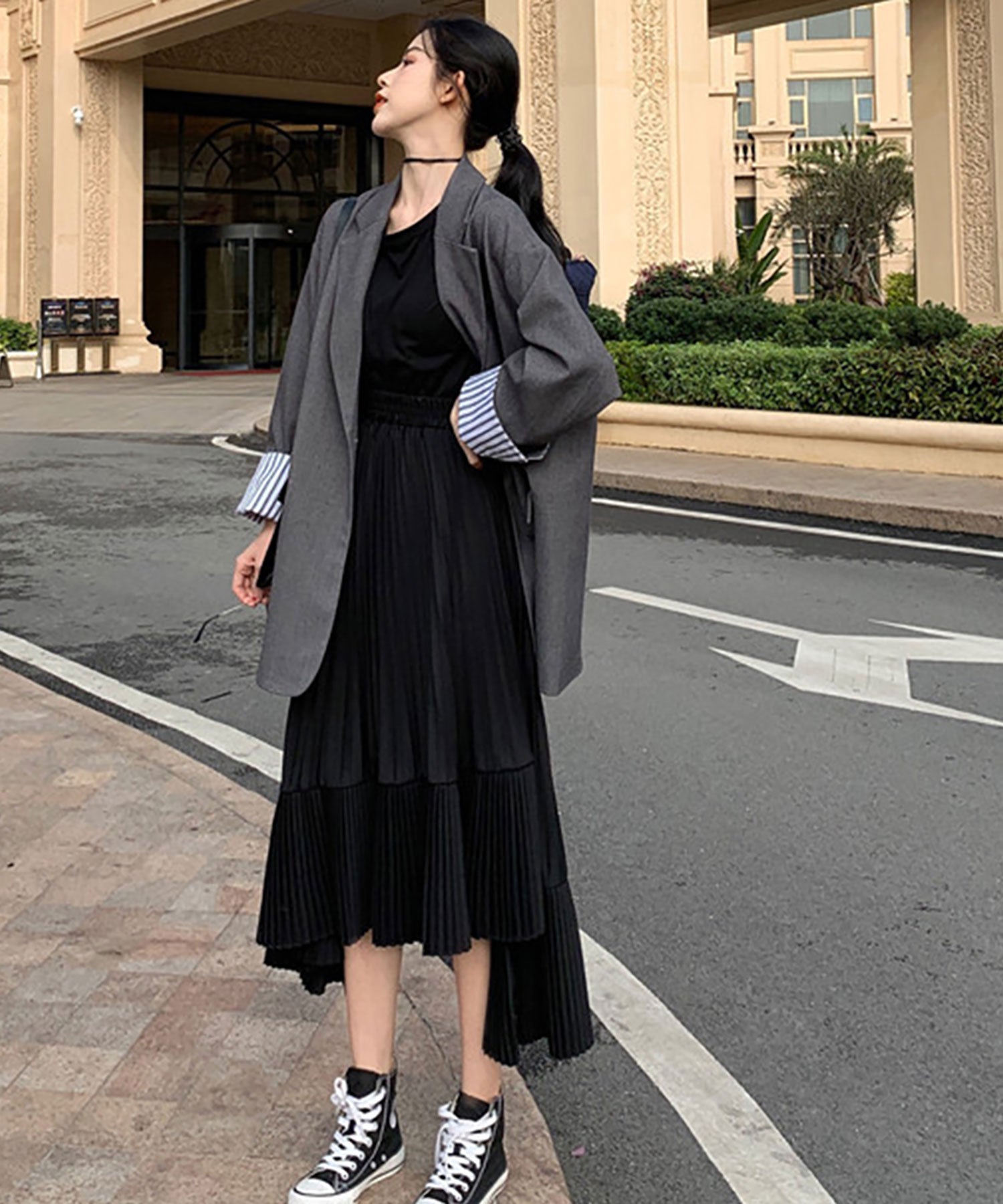Nina et Lina Color Block Pleated Long Skirt