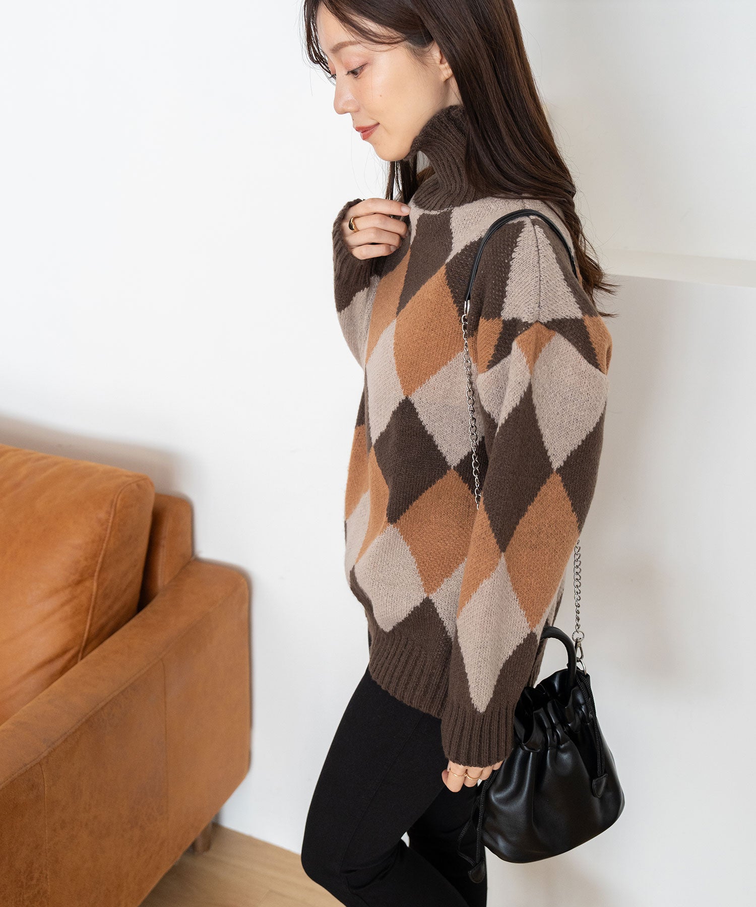 ニナエリナ Nina et Lina タートルネックアーガイルニット （キャメル） キャメル