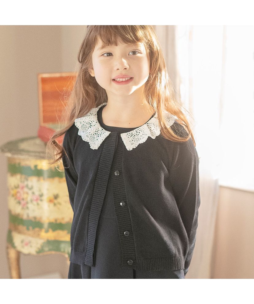 キャサリンコテージ Catherine Cottage 綿100%コンシールボタンカーディガン,レース襟・ブラック[BLKB]