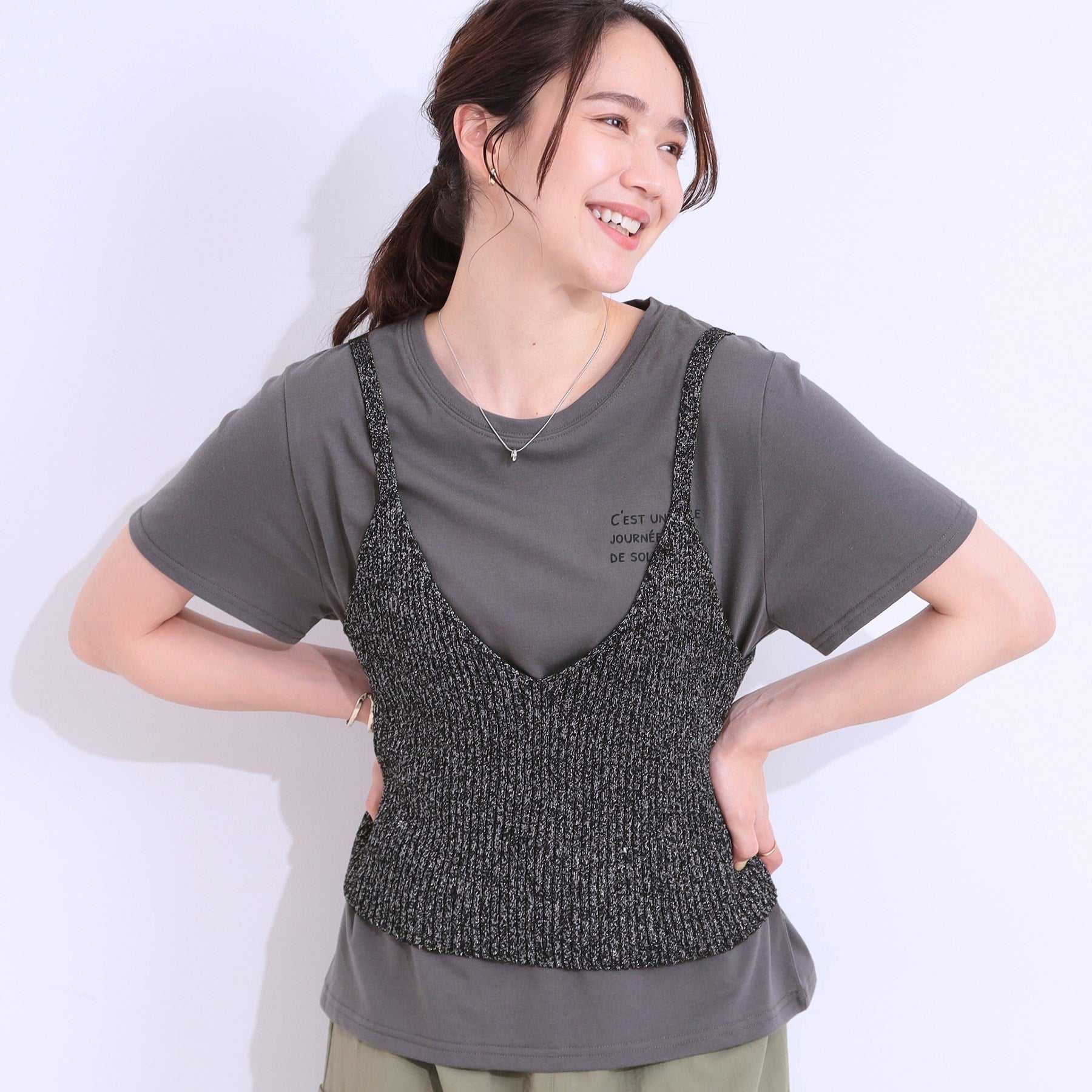 キューティーブロンド Cutie Blonde 【2点セット】ラメニットキャミ＆ロゴTシャツ （ブラック(019)） ブラック(019)